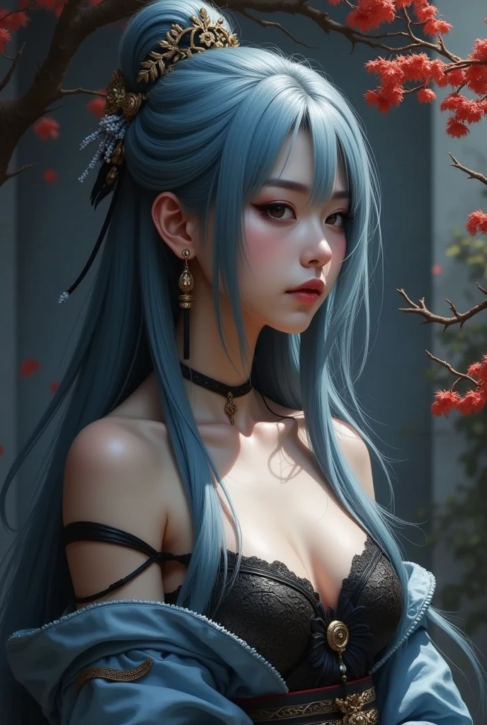 1girl, asian girl, upper body, expressionless, pale skin, black eyes, black eyeshadow, blue white hair, long hair, straight hair, bangs, makeup, earrings, kimono, off shoulder, cleavage, light armor, dramatic lighting, autumn, dreamlike, profile, highly detailed, dark fantasy oil painting