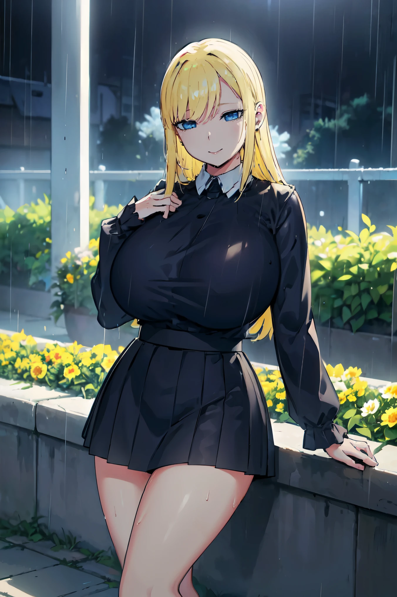 Blonde hair, very huge tits , ((wet white shirt long Sleeve, collar, black short skirt, )),  (rain), ((rainny days)), thick, busty, blue eyes,  long hair, upperbody, smile, legs, thigh, flower garden