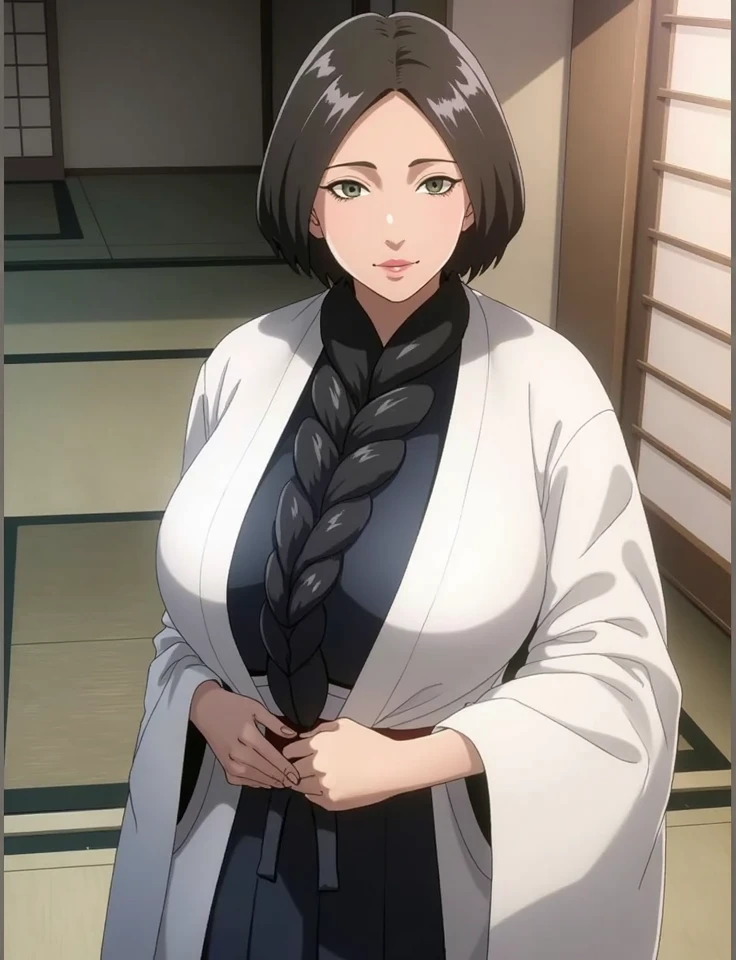 Unohana retsu de bleach, large and bigger boobs, sweet smile, serene look, long hair, Kimono preto