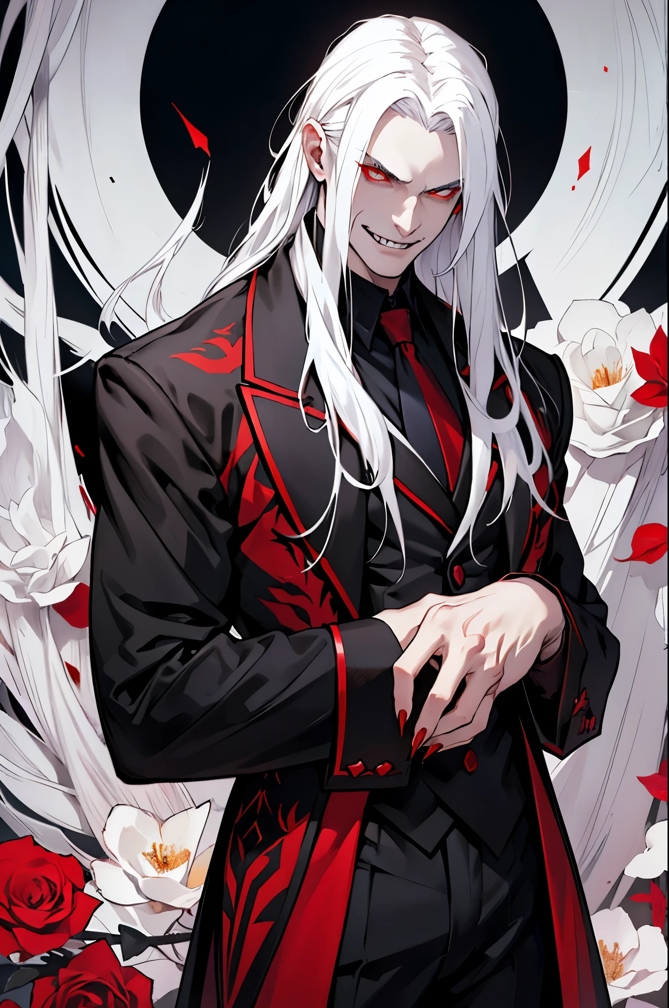 Tall, White man, Long white hair, Red eyes, shining eyes, fangs, vampire, flores dark, smirk face, long nails, dark suit, style pose, long fangs, beautiful male