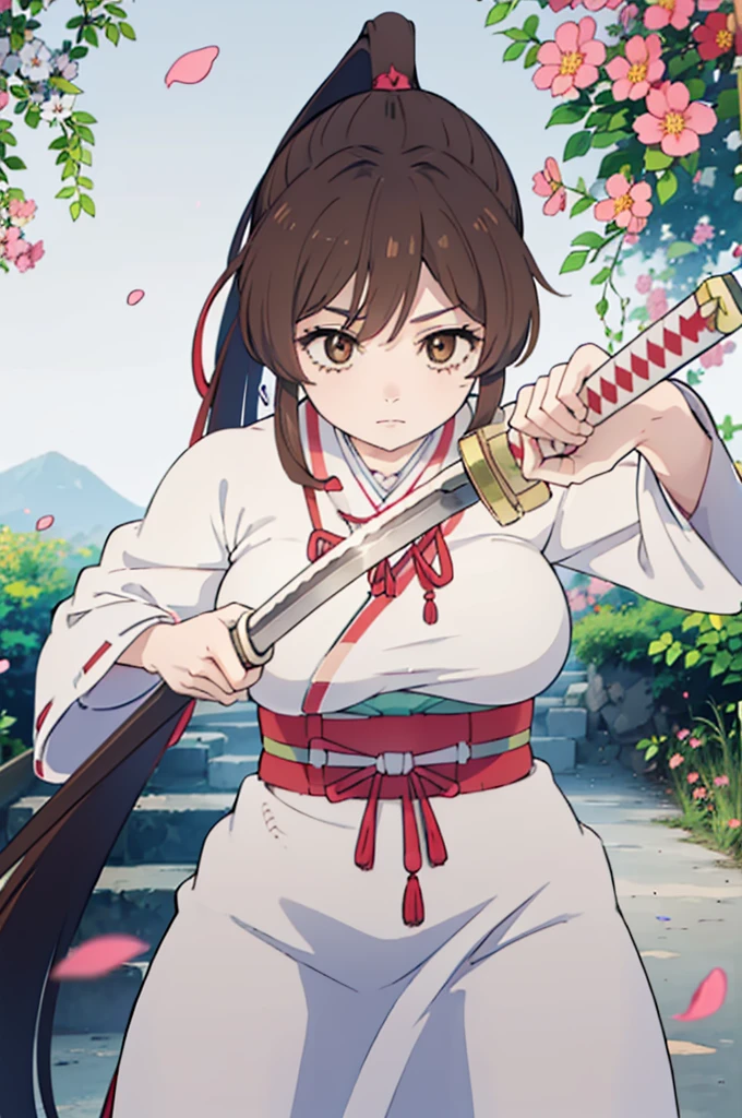 
((IncrsUnsheathingAKatanaMeme, sheath, holding sheath)),Realistic image, detailed image, coherent image. 1 beautiful girl. She has long hair, styled in a ponytail, brown hair. Honey brown eyes, with long eyelashes. Sensual expression. sagiri yamada asaemon, long hair, black hair, ponytail, high ponytail, (brown eyes:1.5), japanese clothes, kimono, hakama, She has a curvy body, medium breasts and thick thighs. She is on her knees with her buttocks raised. View from front. Arching her back. In a room, surrounded by flower petals. Soft focus, Dramatic shadows, Volumetric lighting, natural lighting,