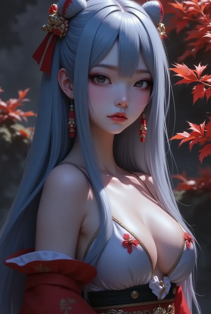 1girl, asian girl, upper body, expressionless, pale skin, black eyes, red eyeshadow, blue white hair, long hair, straight hair, bangs, makeup, earrings, kimono, off shoulder, cleavage, light armor, dramatic lighting, autumn, dreamlike, profile, highly detailed, dark fantasy oil painting