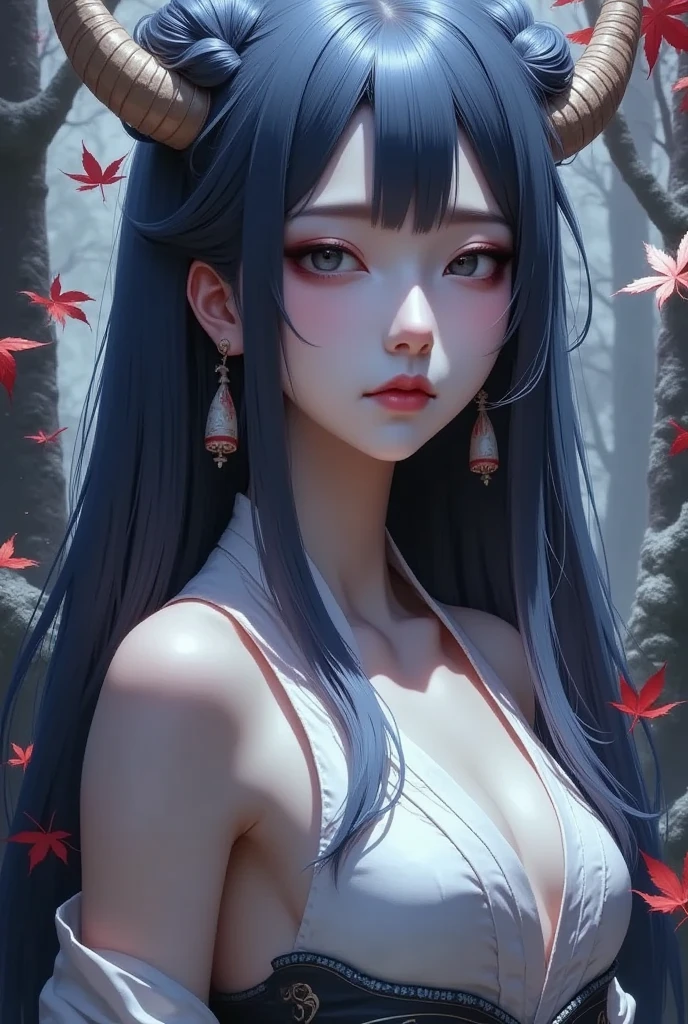 1girl, asian girl, upper body, expressionless, pale skin, black eyes, red eyeshadow, blue white hair, long hair, straight hair, bangs, makeup, earrings, kimono, off shoulder, cleavage, light armor, dramatic lighting, autumn, dreamlike, profile, highly detailed, dark fantasy oil painting