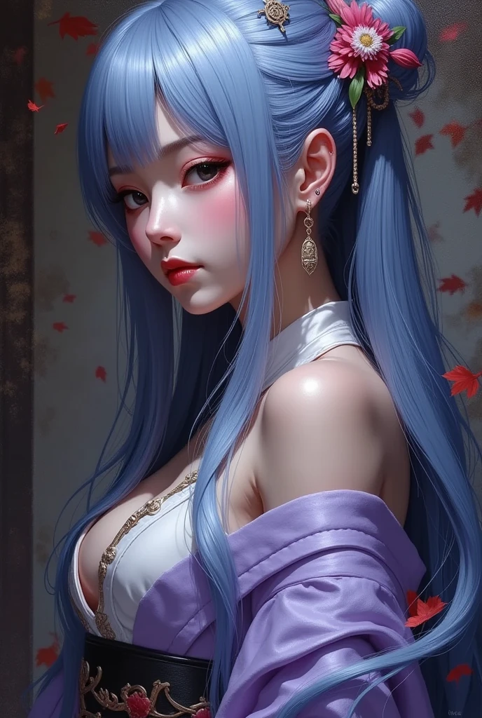 1girl, asian girl, upper body, expressionless, pale skin, black eyes, red eyeshadow, blue white hair, long hair, straight hair, bangs, makeup, earrings, lilac kimono, off shoulder, cleavage, light armor, dramatic lighting, autumn, dreamlike, profile, highly detailed, dark fantasy oil painting