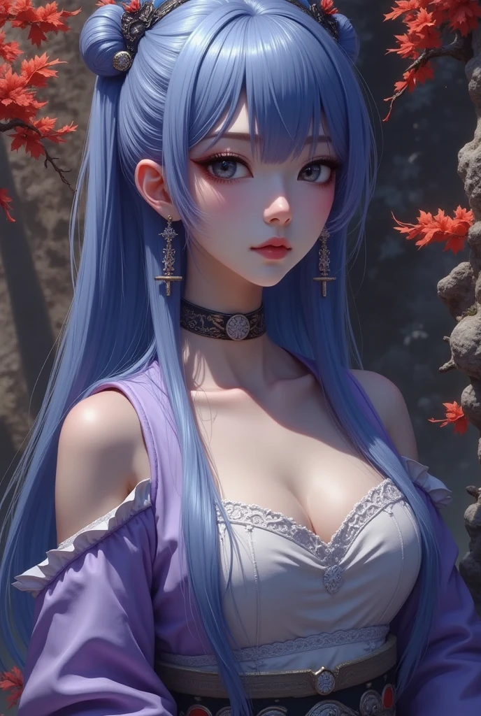 1girl, asian girl, upper body, expressionless, pale skin, black eyes, red eyeshadow, blue white hair, long hair, straight hair, bangs, makeup, earrings, lilac kimono, off shoulder, cleavage, light armor, dramatic lighting, autumn, dreamlike, profile, highly detailed, dark fantasy oil painting