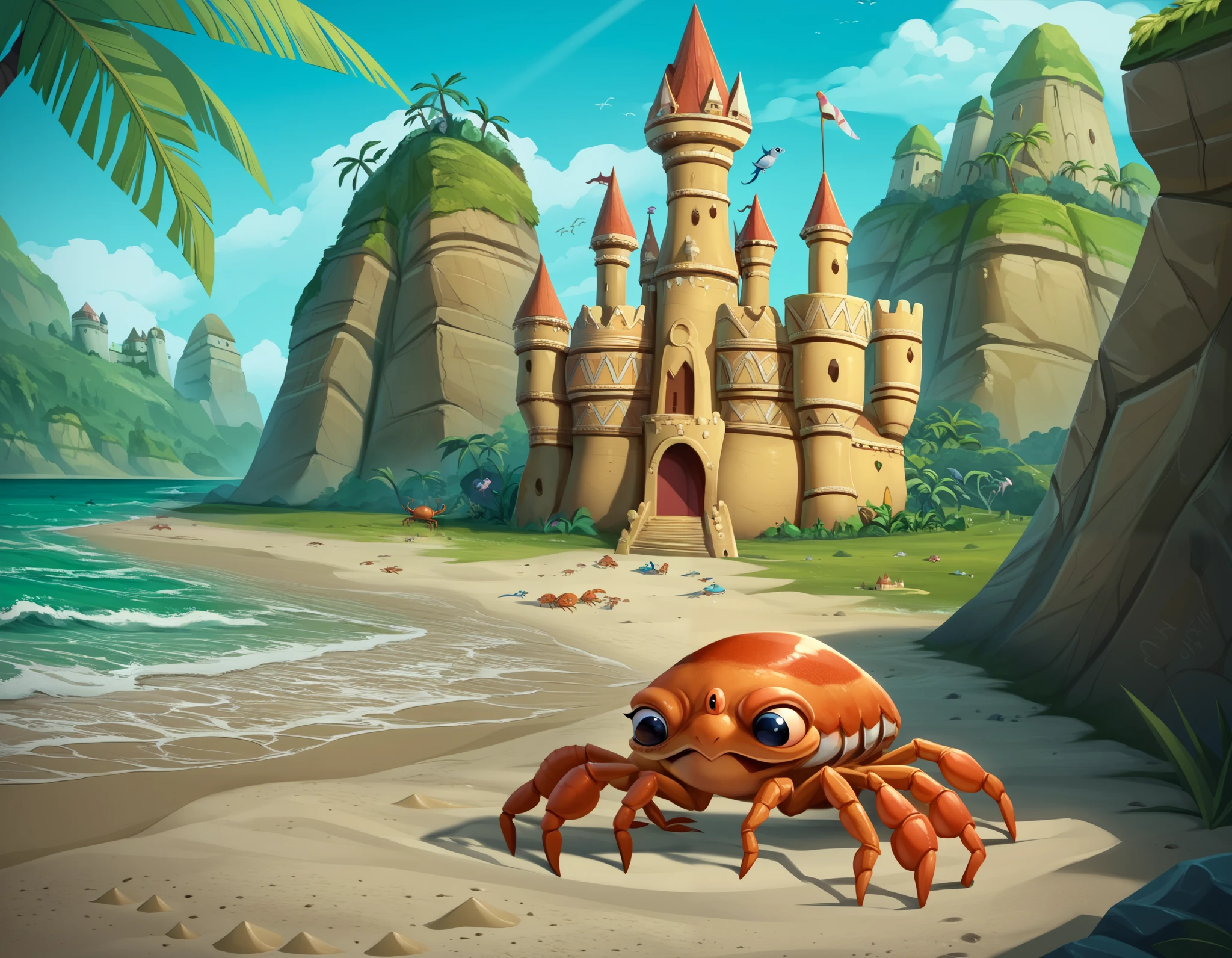 funny style , Pixar style , cartoon style , (((семья Crabs( intelligent sea crabs )  with claws and a scoop ( baby scoop )  build a sand castle on the seashore,)))  funny fun style , крупный план на Crabs(семья Crabs папа краб, мама краб и 2 детишек Crabs), cute crabs ,  seagulls soar over the sea ,  light waves ,  beautiful beach sand ,  palm trees in the distance ,  sweet warm atmosphere  , веселый funny style  ,detailed character work(Crabs)