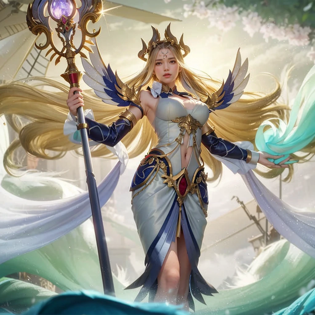 Masterpiece, solo, 1girl, high quality, mermaid, sexy, curvy, wearing blue and gold royal clothes, blue and gold demon mask, splashing out of water, holding a white trident --auto