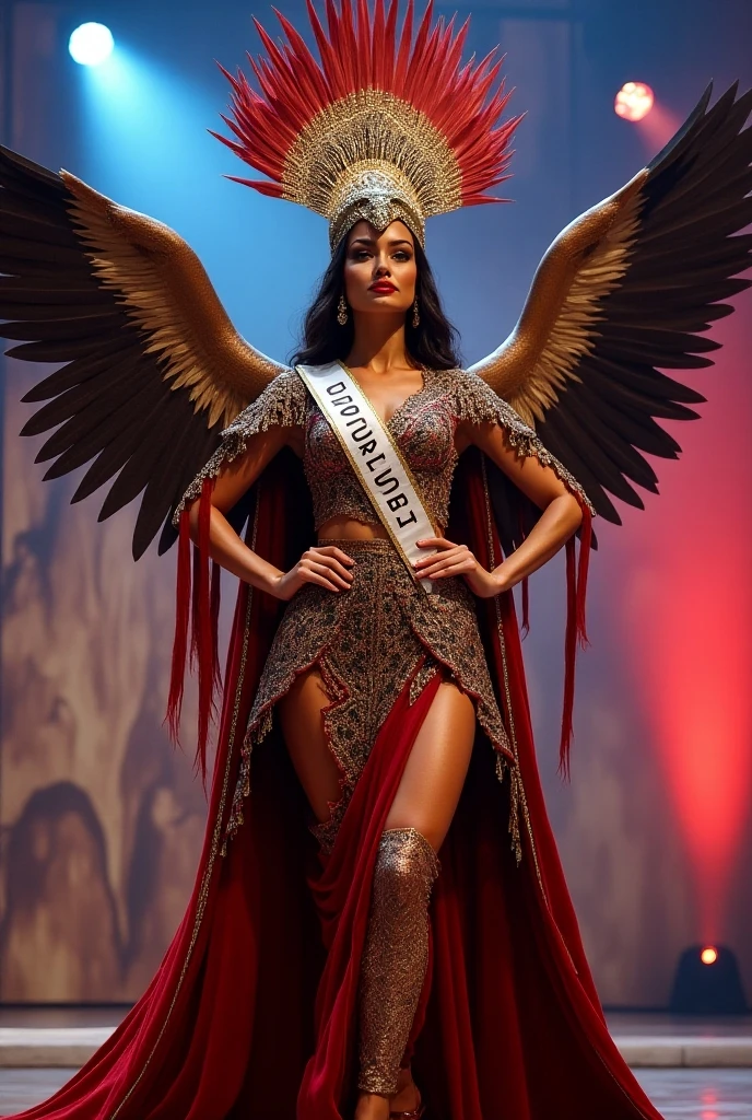 (cuerpo completo), hembra alienigena musculada culturista, bellisima, en bikini plateado con incrustaciones de piedras preciosas de colores, en plena exibicion de miss universo culturista, in the facilities of my universe with an ultra-modern designed stage, intricate details of the highest quality machine), nitidez absoluta, iluminacion perfecta, estilo cinematografico,(obra maestra).