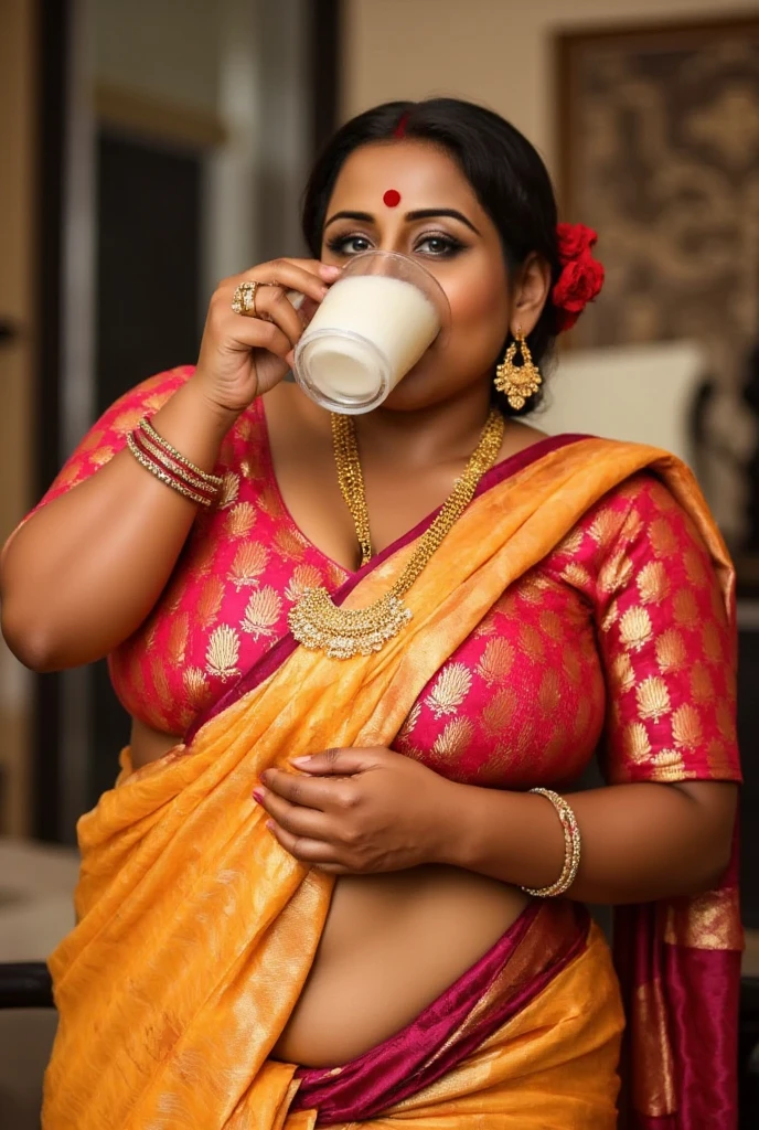 In a sumptuous, traditional indoor setting, the South Asian woman stands near the 18yo black african slim boy, radiating an aura of irresistible seduction. Dressed in a golden sari with intricate gold embroidery, the fabric hugs her voluptuous curves, accentuating her thick body and hourglass shape. Every movement she makes is purposeful, drawing attention to her big breasts and wide hips. Her gold jewelry—necklace, bangles, and nose ring—shines with elegance, further enhancing her regal presence.

Her updo hairstyle, adorned with a red flower and gold hairpin, perfectly frames her face, which is defined by bold, smoky eyes and long curled lashes. Her cat-like gaze is both intense and luring, pulling in anyone who dares to meet her eyes. Her lips curl into a teasing smile, playful and provocative, as she slowly lifts a glass of milk to her lips.

As the boy watches, she takes a deliberate sip, her eyes never leaving his. She swirls the milk around in the glass for a moment, savoring the smooth texture, her full lips parting slightly as she drinks, the sensuality of the act amplified by the intimacy of the moment. Her gaze deepens, the air thick with the sensual tension between them, as she leans slightly toward him, offering him a knowing, teasing smile. The milk, white and smooth, contrasts with the deep red of her sari and the gold accents of her jewelry, a visual feast of elegance and indulgence.

With a playful glint in her eye, she places the glass down and encourages him to drink more, though this time her seductive cheering takes on a new intensity, as she herself savors the milk with slow, deliberate movements. Her body language oozes confidence, as if she’s fully in control of the situation, coaxing the boy with both her charm and her actions.

The boy wearing a black underwear only, remains captivated, his hand still resting on her shoulder, but his focus is entirely on her. The room is bathed in warm lighting, and the ornate wallpaper with subtle beige a