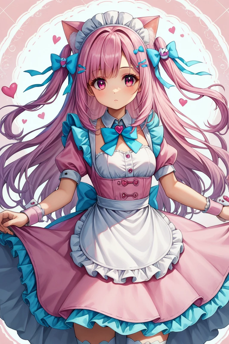 1girl,solo,sakuna,sexy pose,embarrassed,blush,sitting,sitting backwards,heart hands,from below,pink eyes,Beautiful Eyes,pink hair,animal ears,maid headdress,thigh highs,puffy short sleeves,cat like ears,dress,apron,white apron,long hair,two side up,light blue bow,hair ornament,puffy sleeves,short sleeves,pink dress,wrist cuffs,pink bow,sakuna,sakunaXL,maid headdress,puffy short sleeves,dress,white apron,light blue bow,hair ornament,puffy sleeves,short sleeves,pink dress,wrist cuffs,pink bow,hair ornament,Official Costumes,(masterpiece,best quality,very aesthetic,ultra detailed),intricate details,pink heart background