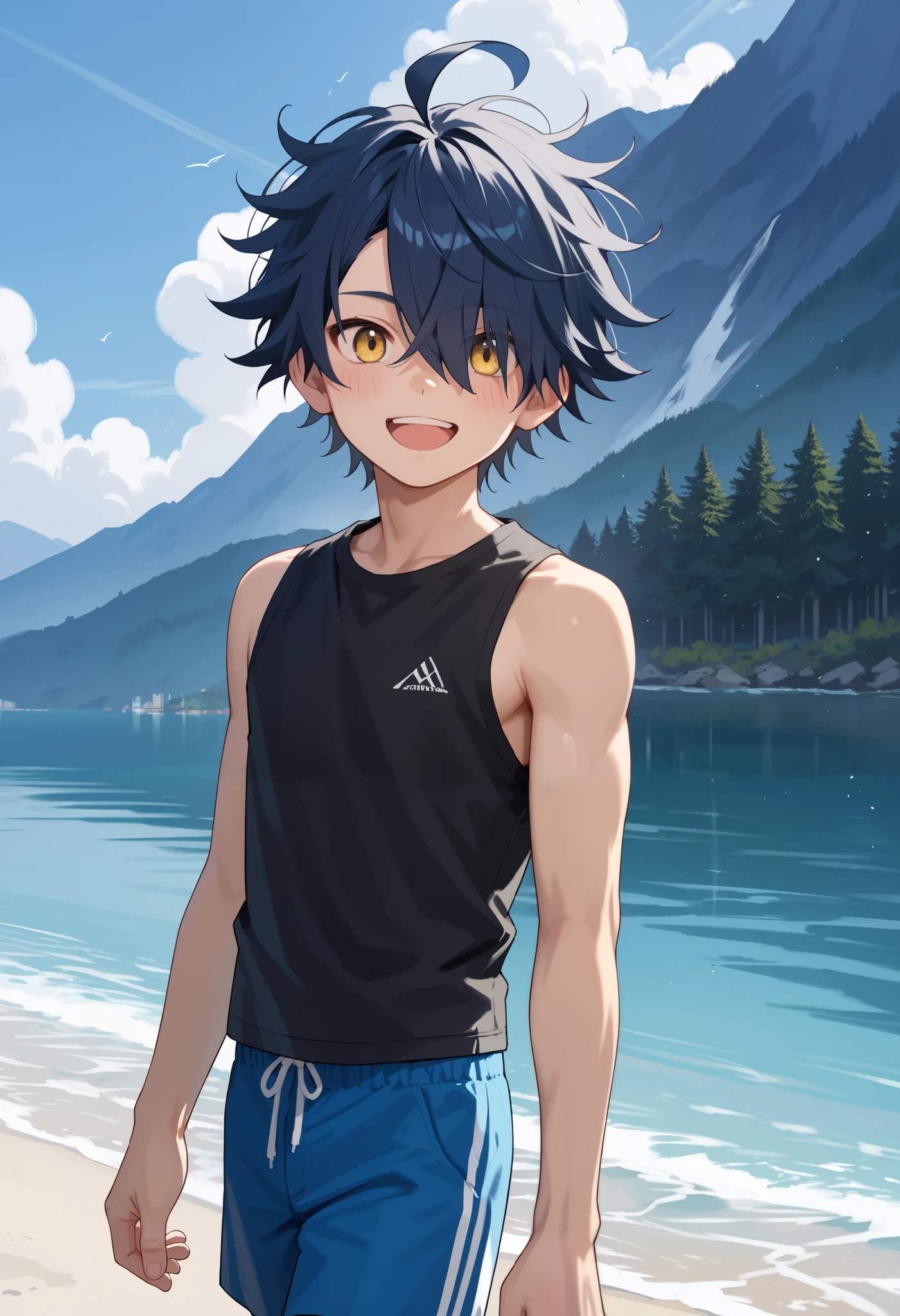 Anime boy with blue hair and black shirt standing on beach - SeaArt AI