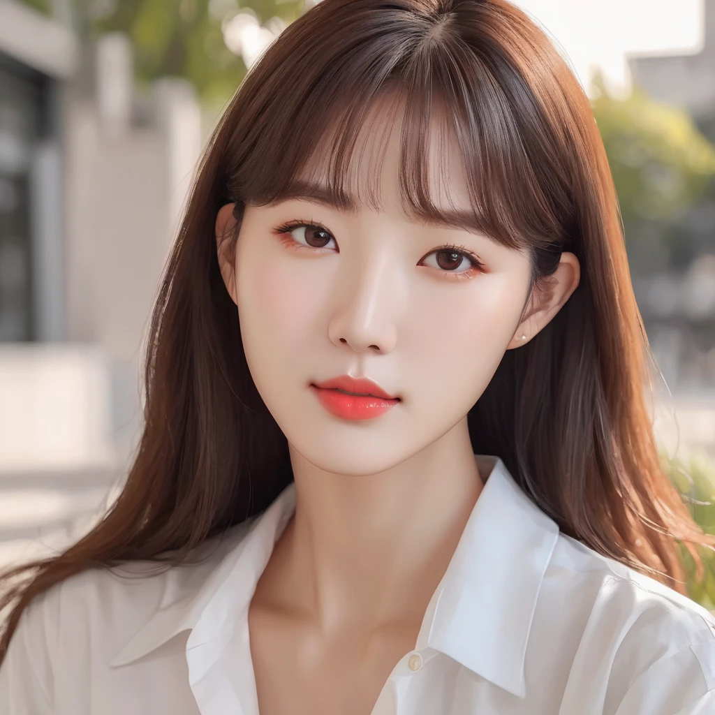 (1girl), (best quality), (masterpiece), 4K, (high quality), (hyperrealistic), (detailed eyes), (detailed skin), (detailed teeth), (detailed mouth), (fine face), fine eyes, caramel hair color, (brown eyes), fair skin, beautiful girl, korean girl, symmetrical face, (delicate nose), (perfect nose), (small nose), 18 years old, youthful face, (no expression lines), chic clothing, light clothing, (professional bright lighting), (round eyes), (raw photo), (glossy lips), (cherry lips colored)