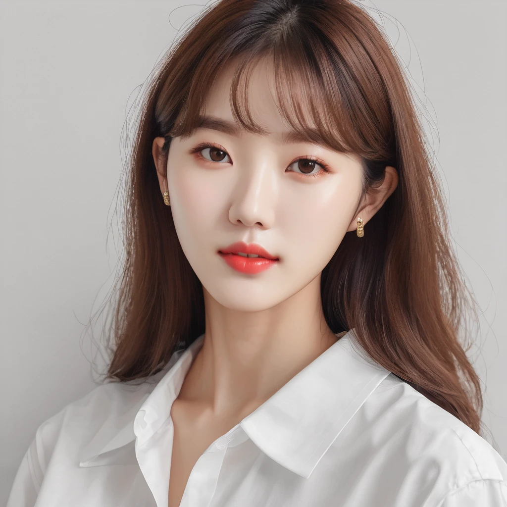 (1girl), (best quality), (masterpiece), 4K, (high quality), (hyperrealistic), (detailed eyes), (detailed skin), (detailed teeth), (detailed mouth), (fine face), fine eyes, caramel hair color, (brown eyes), fair skin, beautiful girl, korean girl, symmetrical face, (delicate nose), (perfect nose), (small nose), 18 years old, youthful face, (no expression lines), chic clothing, light clothing, (professional bright lighting), (round eyes), (raw photo), (glossy lips), (cherry lips colored)