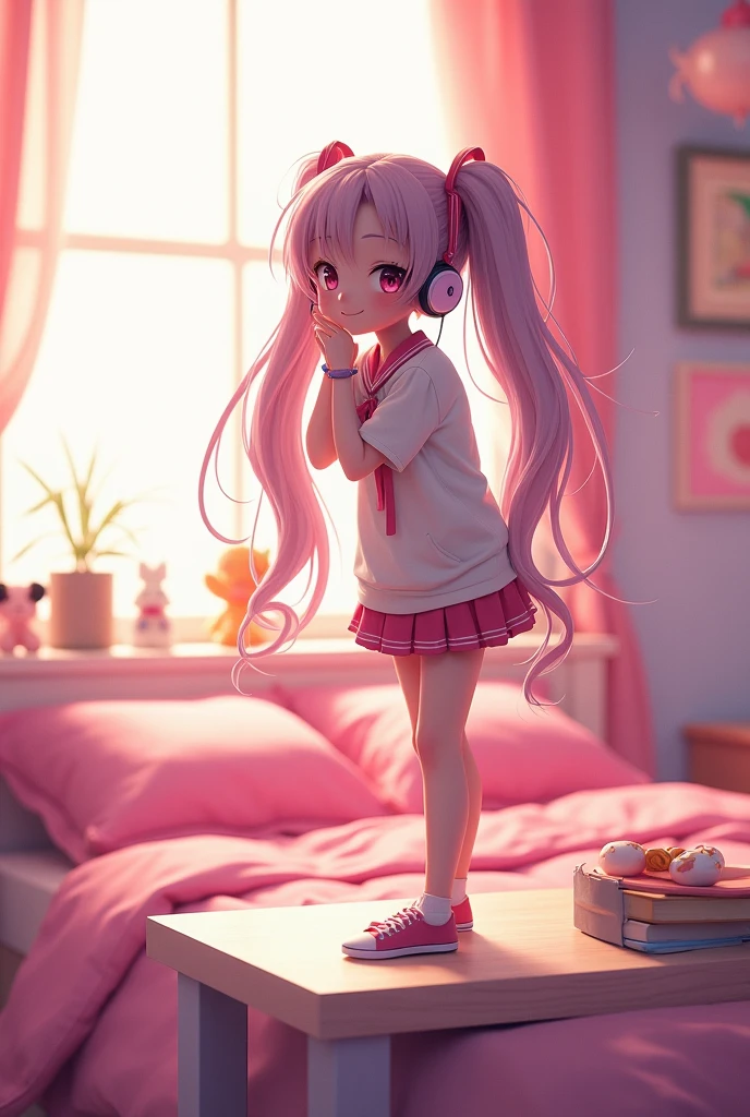 Anime standing drawing style，A girl with a double ponytail，Headphones， right elbow，Stand on the table with the palm of your hand holding your face ，Game character illustrations， Rich Details ， The background is in the pink bedroom，The bed has pink pillows ，doll