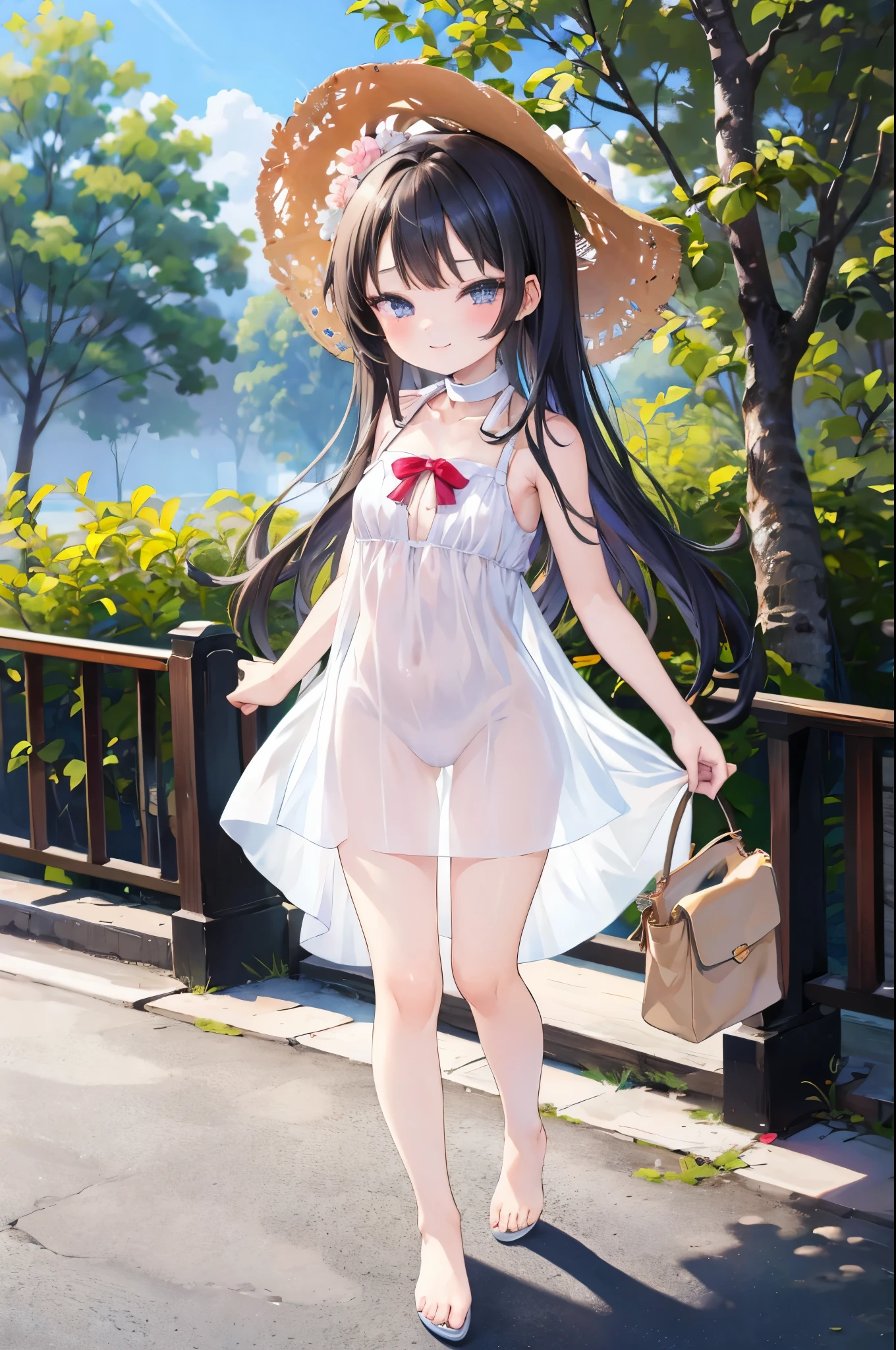 (masterpiece), Highest quality, One Girl, girl, pretty girl, Flat Chest, Black Hair, Very long hair, She is looking towards the viewer, She is wearing a bright red leather collar.,
She is wearing a white mini dress, Pure white clothes, Clothes without collars, The dress is sleeveless, exposing her bare shoulders and collarbones., The material of her clothes is very thin, The dress is see-through, The naked body is clearly visible, Her nipples are pressed against the fabric of her dress, Erect nipples, Nipples are visible,
Not wearing a skirt, She's not wearing a bra, She's not wearing panties, The hem of the dress is very short, The lower half is naked, She is exposing her waist, her belly button is visible, her pussy is visible, She purposely shows off her pussy, I can see the crotch lines, she has no pubic hair,
She stands with her legs spread, Open your knees, Wearing a straw hat, She is barefoot and wearing sandals,
Very shy, blush,
She is walking around the city, Blue sky behind, Standing in a crowd, Handbag pouch,