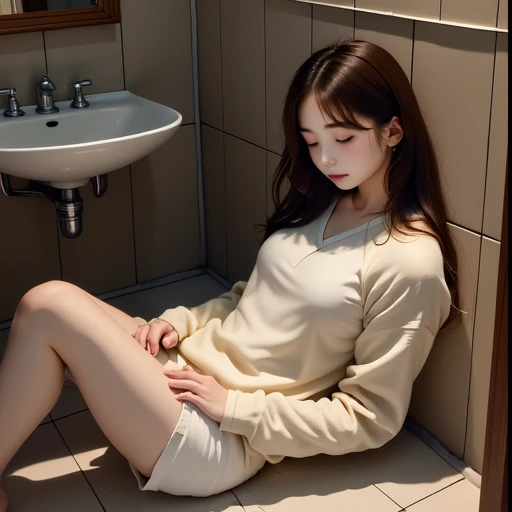 Woman sleeping in the bathroom、White shorts