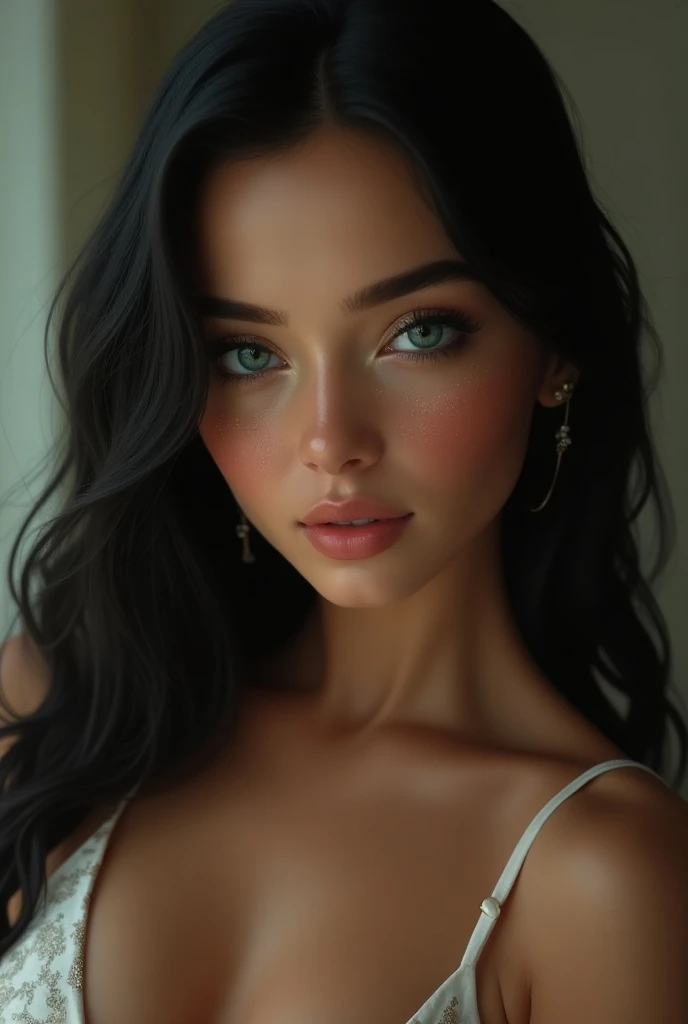  Physical Traits 
Height :
Eyes :  Intense emerald greens
Cabello:  long jet black
Physical :  curvy skinny ,  marked by exercise ,  freckles on the face , white, beautiful, attractive, sexy, innocent face 
