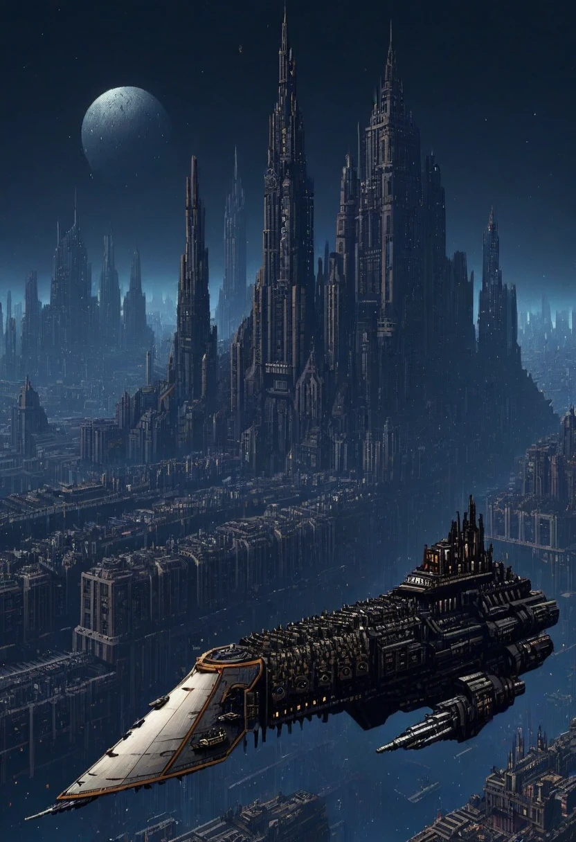 pixelart style, a futuristic city with a large impstarship in the background , gothic architecture