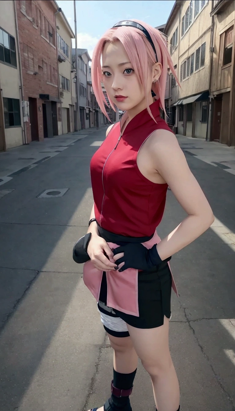 tmasterpiece, Best quality at best, 1 fita, sakura haruno, medium breasts, sorrir,com cabelo rosa, Longas, whitish hair, (Globos oculares verdes:1.4), Forehead Protection, As cerejeiras,Flores de cerejeira voando,Vestido vermelho Coxas fendidas, Tight short black sexy pants , corpo da roupa, tight pants, from behind, foco na bunda, Saia de Lifting
