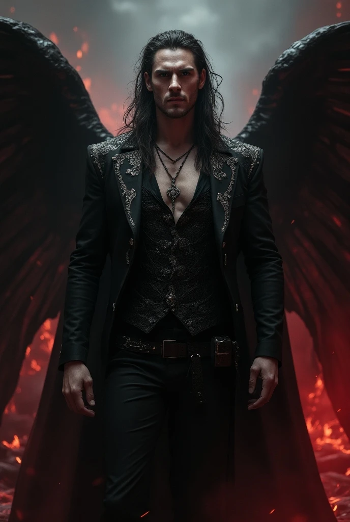 He wears a black leather jacket, a pair of black leather pants, a leather boot with chains holding it to the ankle, he has a red scabbard for a sword, some daggers on the side, he has light brown hair, dark shaped eyes, and all over his clothes there are designs of black roses decorating, the only visible parts are the face and hands, a definitely handsome man, just swap the last man with this one, A MAN Make with black dragons background