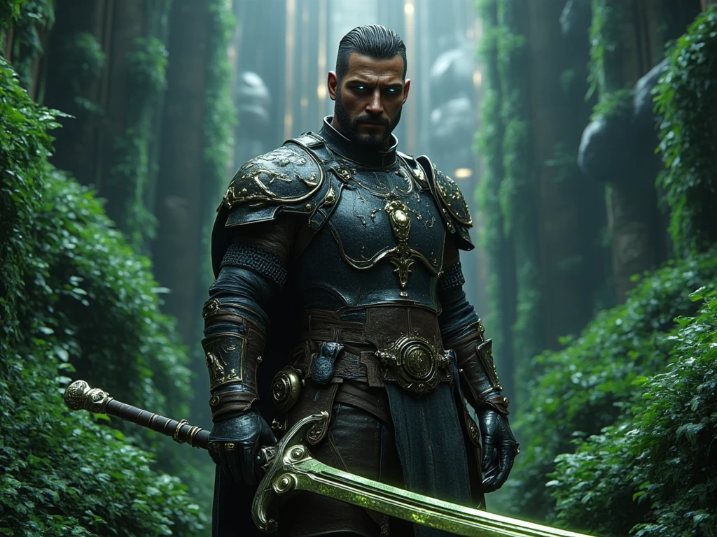 A man standing in front of a hidden city in a dense, lush rainforest. The city is a blend of futuristic architecture with sleek, glowing structures interwoven with ancient, moss-covered ruins. The jungle surrounds the city, thick with vibrant, oversized foliage and misty rain. The man is facing the camera, with a strong and determined expression. He holds a hybrid weapon—half a traditional, gleaming sword and half a sleek, advanced futuristic gun. He wears a half-leather jacket, weathered and worn, over a rugged, old dirty pair of pants, giving him a blend of fantasy and futuristic warrior vibes. The rain is gently falling, glistening off his jacket and the foliage around him. His stance is strong, ready for whatever lies ahead in this mysterious, high-tech yet ancient world.A man standing in front of a hidden city in a dense, lush rainforest. The city is a blend of futuristic architecture with sleek, glowing structures interwoven with ancient, moss-covered ruins. The jungle surrounds the city, thick with vibrant, oversized foliage and misty rain. The man is facing the camera, with a strong and determined expression. He holds a hybrid weapon—half a traditional, gleaming sword and half a sleek, advanced futuristic gun. He wears a half-leather jacket, weathered and worn, over a rugged, old dirty pair of pants, giving him a blend of fantasy and futuristic warrior vibes. The rain is gently falling, glistening off his jacket and the foliage around him. His stance is strong, ready for whatever lies ahead in this mysterious, high-tech yet ancient world.