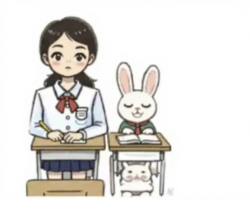 and the two bunnies with red scarves each sit in front of the two tables next to them, to imitate a red scarf , a girl in a Chinese school uniform sitting in front of her desk to learn simple shapes,No background required,Focus on the two rabbits to imitate the girl's sitting position and learning movements,Girls should have big eyes , clearly with your fingers,You have to sit at the back of the desk