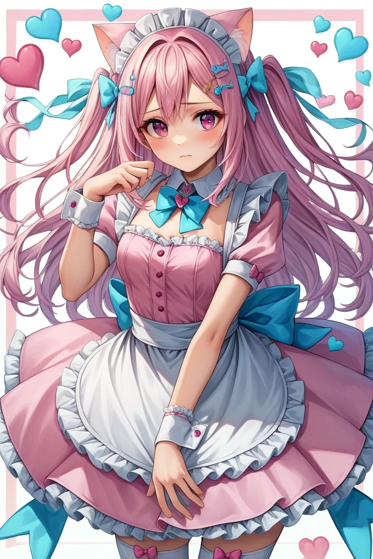 1girl,solo,sakuna,sexy pose,embarrassed,blush,sitting,sitting backwards,heart hands,from below,pink eyes,Beautiful Eyes,pink hair,animal ears,maid headdress,thigh highs,puffy short sleeves,cat like ears,dress,apron,white apron,long hair,two side up,light blue bow,hair ornament,puffy sleeves,short sleeves,pink dress,wrist cuffs,pink bow,sakuna,sakunaXL,maid headdress,puffy short sleeves,dress,white apron,light blue bow,hair ornament,puffy sleeves,short sleeves,pink dress,wrist cuffs,pink bow,hair ornament,Official Costumes,(masterpiece,best quality,very aesthetic,ultra detailed),intricate details,pink heart background