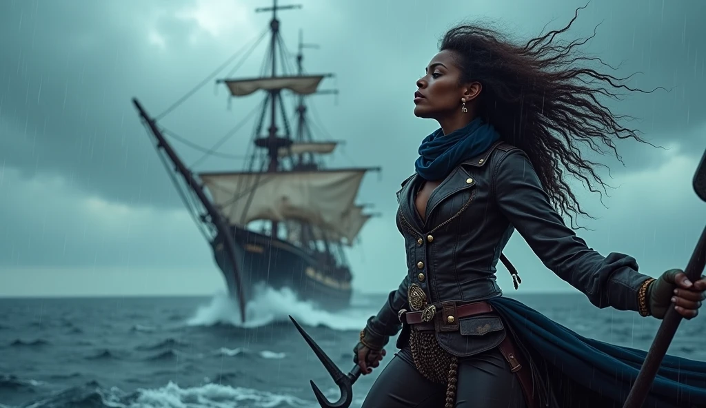 (masterpiece, ultra high resolution, pirate queen:1.3), Karla Jaeger, majestic and formidable, (unyielding gaze:1.2), pirate regalia adorned with gold and jewels, (ornate cutlass:1.2), gleaming at her side, (mystical compass:1.1), guiding her on her quest, (stormy horizon:1.2), ominous clouds gathering, (mythical sea creatures:1.1), lurking beneath the waves, (whispers of legends:1.1), fueling her legend, Karla Jaeger, a force to be reckoned with, ruling the seas with an iron fist