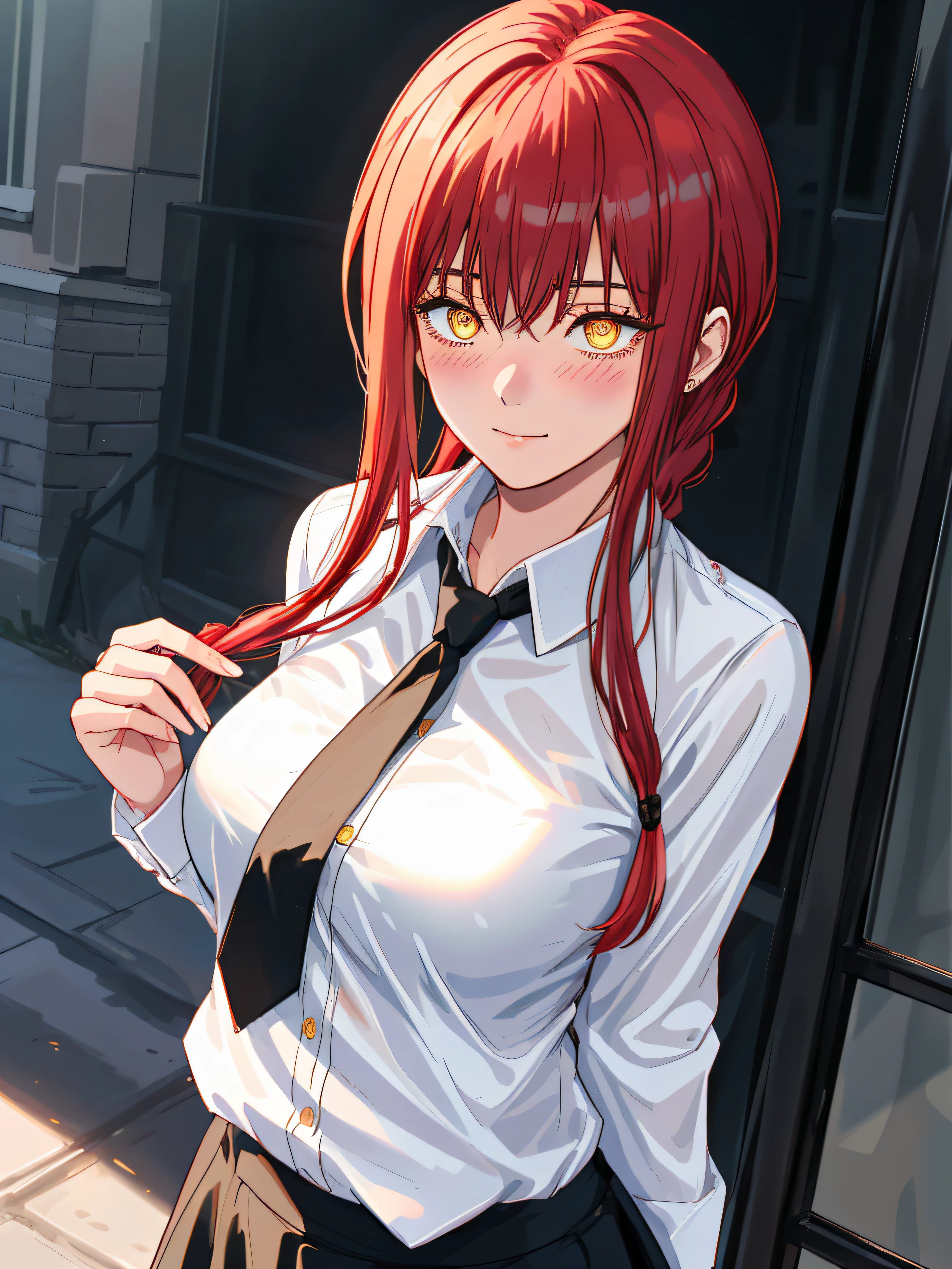  a girl, (((hands\))), Makima de Chainsaw Man,  long red hair tied , silky hair, white shirt, black long tie,  Black skirt , sharp eyes, attractive eyes, Blush,  yellow eye with multiple red rings, ((masterpiece)),  best quality ,  High resolution, Ultra 8k, illustrative shadows , detailed body, open air