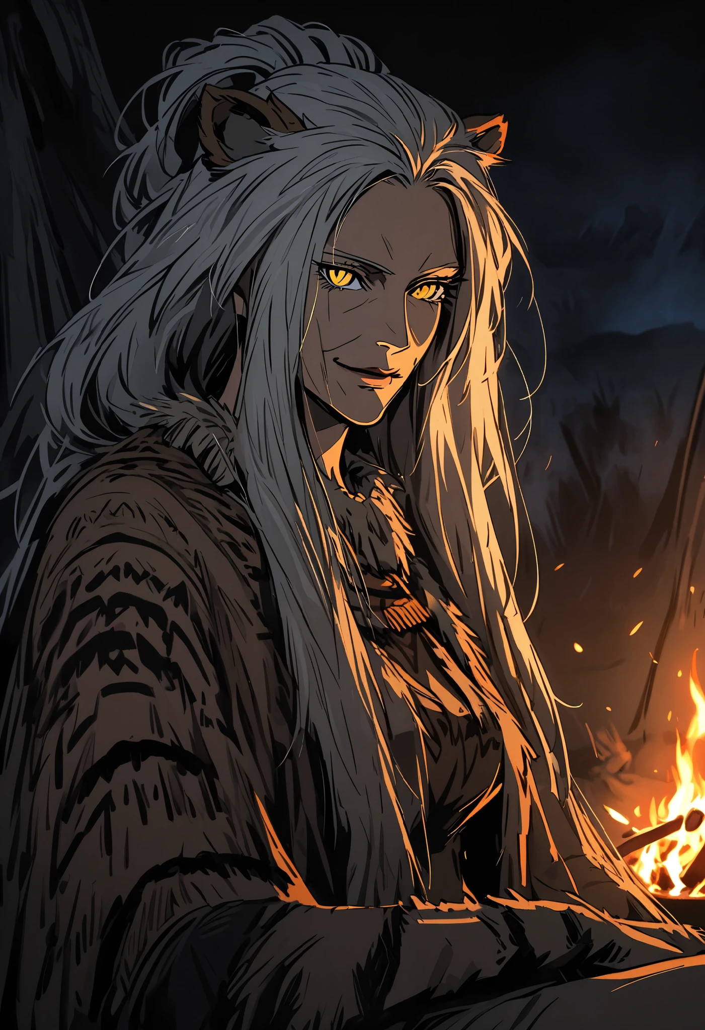solo, female, lion woman, aging woman in her 50s, wrinkles:1.3, very tall, broad shoulders, fit, bulky body, extremely long hair, tied hair, cavewoman, prehistoric, large beast claws, camp, night, bonfire, close up, slit pupils, yellow eyes, barbarian, pelt clothes, tribal chief, spiritual, leather, tribal ornaments, black hair, sitting, relaxed, pov, lion ears, lion tail, knowing smile, greying hair, muscular