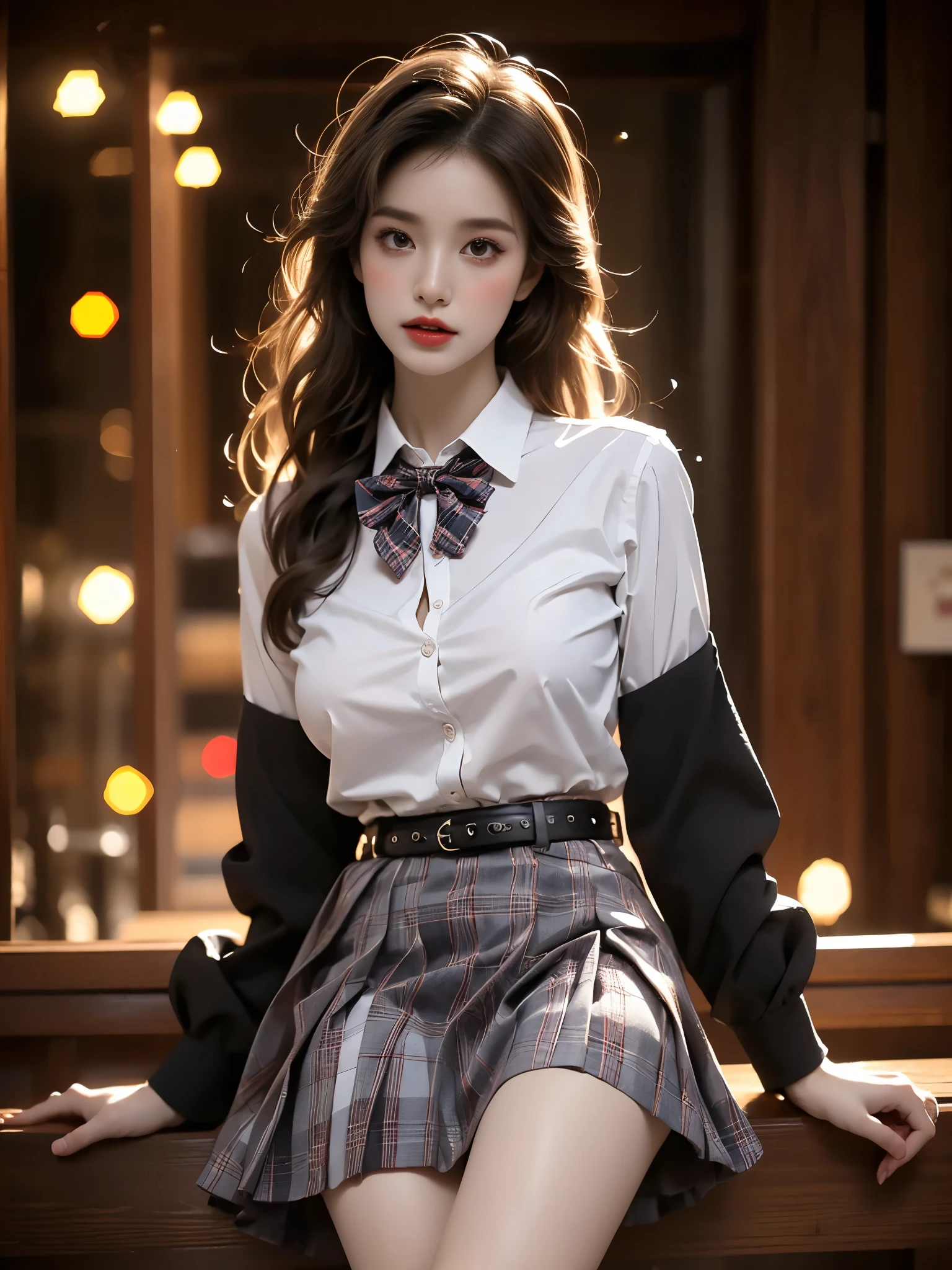 skirt,plaid necktie,belt,plaid skirt,black shirt,bowtie, (full body), (realistic portrait of elegant woman:1.2), (Elegant sitting posture), (Big breasts, sexy long legs, random scenes, random shooting angles, random poses), natural lighting, soft skin texture, graceful pose, fashion photography, (high detailed skin:1.3), 8k uhd, professional photography, sharp focus, bokeh background