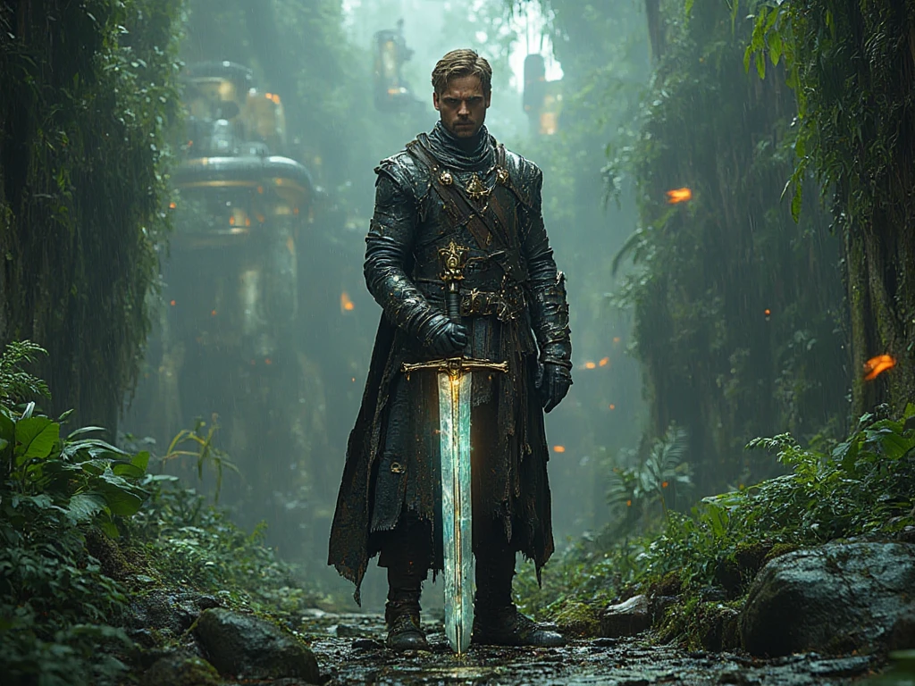 A man standing in front of a hidden city in a dense, lush rainforest. The city is a blend of futuristic architecture with sleek, glowing structures interwoven with ancient, moss-covered ruins. The jungle surrounds the city, thick with vibrant, oversized foliage and misty rain. The man is facing the camera, with a strong and determined expression. He holds a hybrid weapon—half a traditional, gleaming sword and half a sleek, advanced futuristic gun. He wears a half-leather jacket, weathered and worn, over a rugged, old dirty pair of pants, giving him a blend of fantasy and futuristic warrior vibes. The rain is gently falling, glistening off his jacket and the foliage around him. His stance is strong, ready for whatever lies ahead in this mysterious, high-tech yet ancient world.A man standing in front of a hidden city in a dense, lush rainforest. The city is a blend of futuristic architecture with sleek, glowing structures interwoven with ancient, moss-covered ruins. The jungle surrounds the city, thick with vibrant, oversized foliage and misty rain. The man is facing the camera, with a strong and determined expression. He holds a hybrid weapon—half a traditional, gleaming sword and half a sleek, advanced futuristic gun. He wears a half-leather jacket, weathered and worn, over a rugged, old dirty pair of pants, giving him a blend of fantasy and futuristic warrior vibes. The rain is gently falling, glistening off his jacket and the foliage around him. His stance is strong, ready for whatever lies ahead in this mysterious, high-tech yet ancient world.