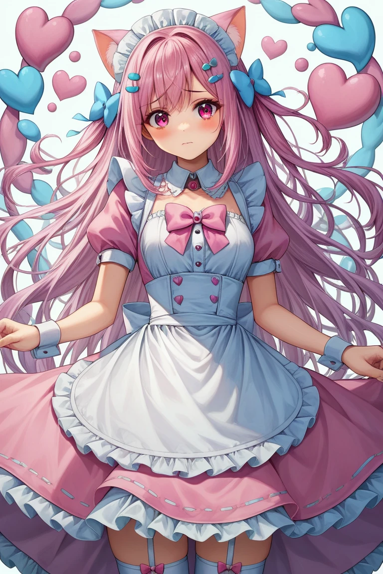 1girl,solo,sakuna,sexy pose,embarrassed,blush,sitting,sitting backwards,heart hands,from below,pink eyes,Beautiful Eyes,pink hair,animal ears,maid headdress,thigh highs,puffy short sleeves,cat like ears,dress,apron,white apron,long hair,two side up,light blue bow,hair ornament,puffy sleeves,short sleeves,pink dress,wrist cuffs,pink bow,sakuna,sakunaXL,maid headdress,puffy short sleeves,dress,white apron,light blue bow,hair ornament,puffy sleeves,short sleeves,pink dress,wrist cuffs,pink bow,hair ornament,Official Costumes,(masterpiece,best quality,very aesthetic,ultra detailed),intricate details,pink heart background