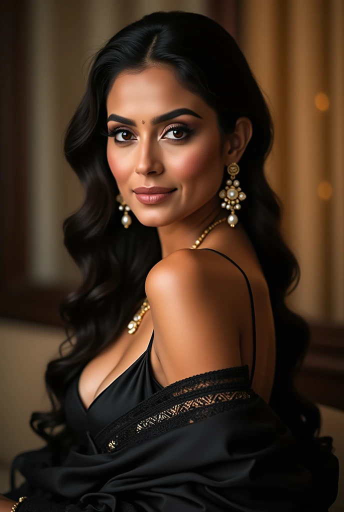 portrait of araffe woman in a restaurant, with luxurious and rich apparel, photorealistic perfect body, voluptuous body, realistic shaded perfect body, giant stunning goddess shot, beautiful goddess, hyperrealistic full figure, thick body, curvy body, beautiful curves, curvy model, long curvy black hair, brown hair and a perfect body, perfect body, nsfw huge breasts