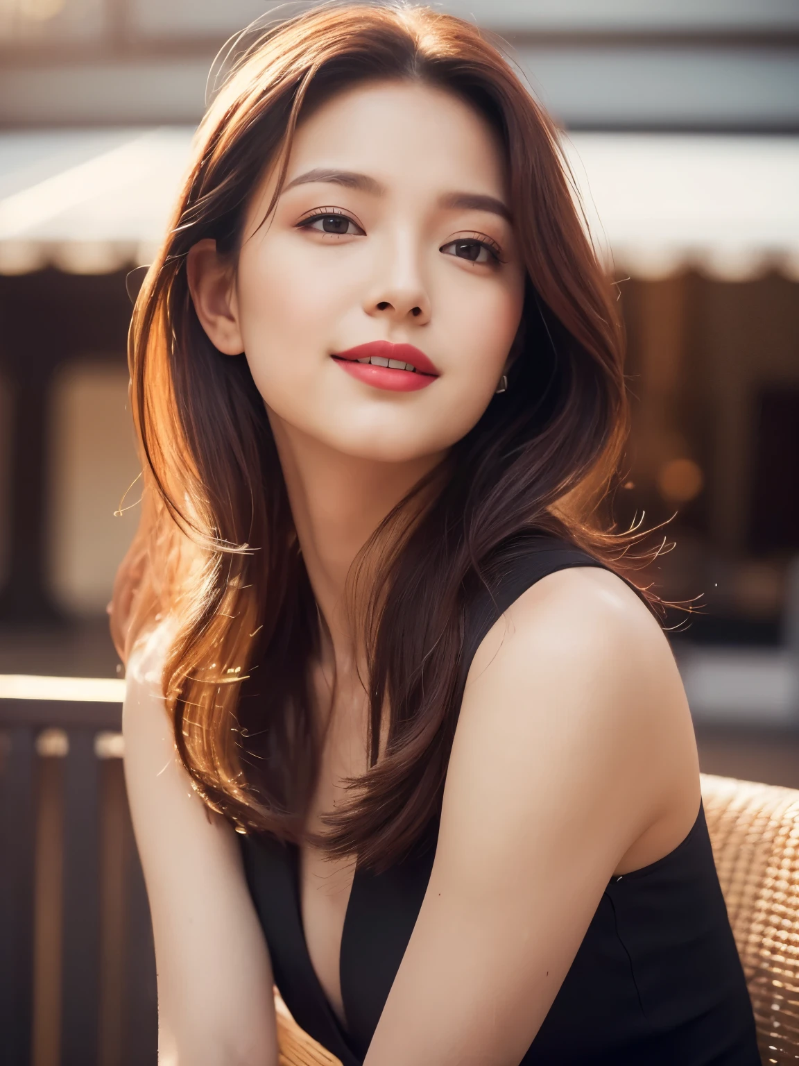 ((Top quality, 8K, masterpiece: 1.3)), Beautiful girl, pure, melon face, gentle and cute, sweet kissing gesture, sweet smile, pure desire, slender body, (front), (tilted head), ((Looking at the camera))), wearing a random color sexy Short sleeve thin dress, Long brown wavy hair, normal chest, long flowing shoulders, big round black eyes, big clear eyes, moist red. Lips, sweet, sitting on a chair, evening cafe terrace background, (((shot from the waist up))), (Random body direction),