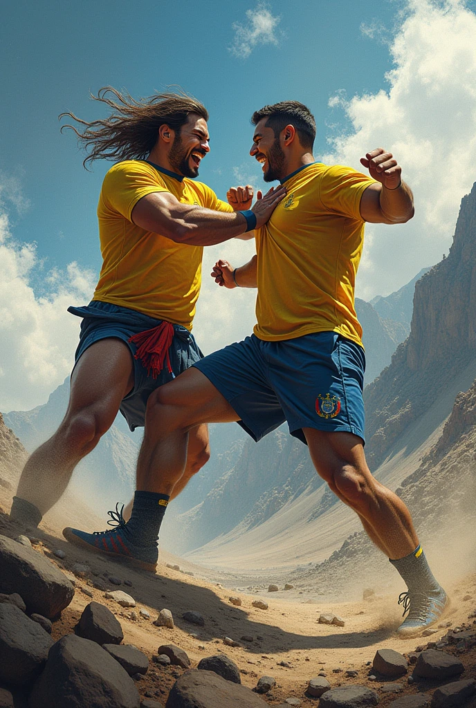 two hairy, muscular, shirtless soccer shorts wearing friends