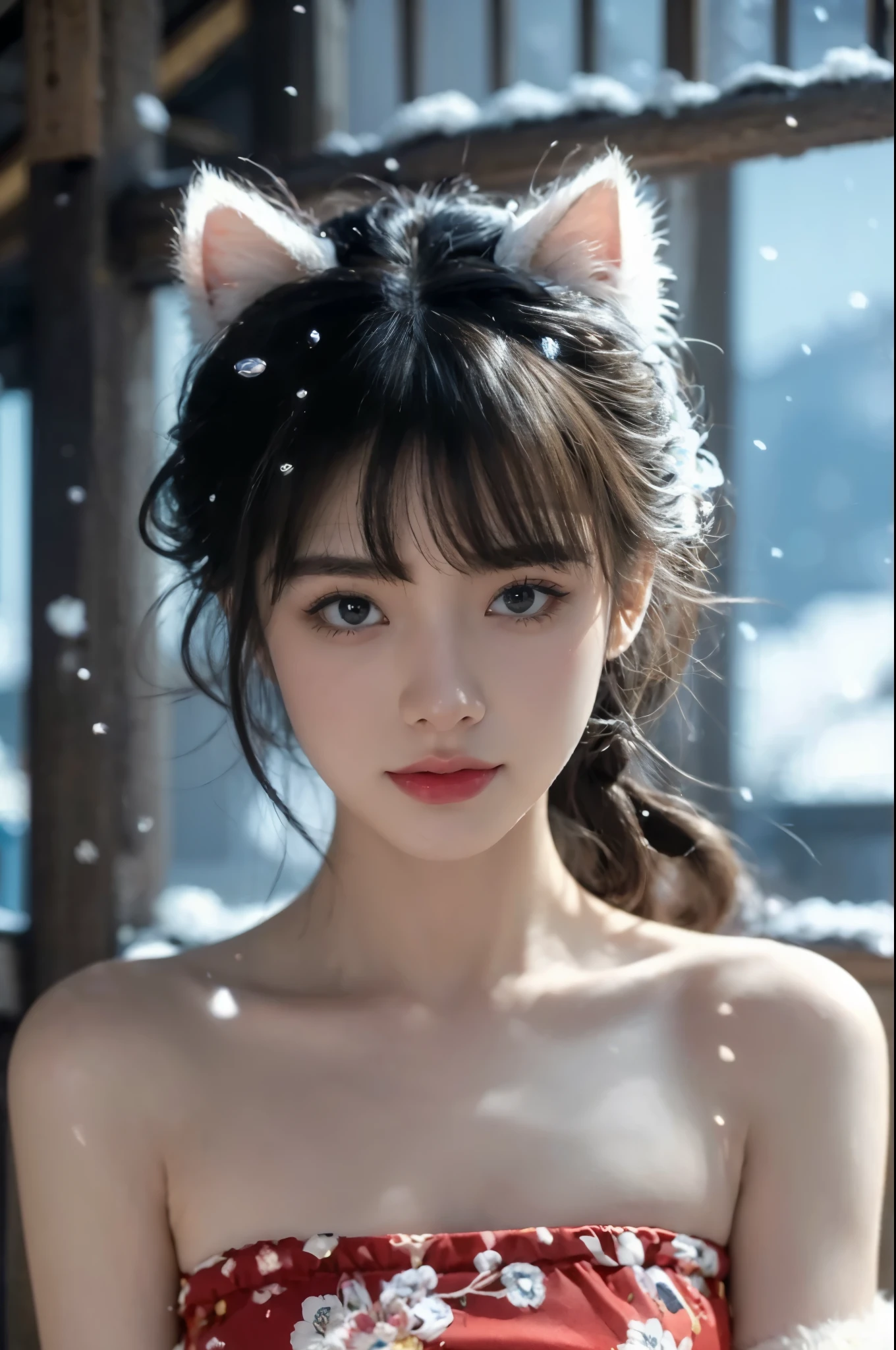 Facial lighting,Bright backlight,Medium chest,Ultra-high resolution,best quorty,photograph,4K,(Reorstic:1.2),or,One girl,Fox Ears,kind_smile,Looking_in_Audience,cineminic_angle,Beard marks,((wood々Detailed beautiful snow forest with)), ((Crystal of snow)), floining,