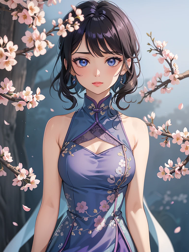 (high-quality, breathtaking),(expressive eyes, perfect face) 1female, girl , solo, teenager, asian woman hairstyle, short hair length, soft wave, black hair color, Heterochromia left eye blue and right eye purple, white and black dress, shawl, blue and purple background, music, gentle smile, swirls in background, music notes background, beautiful background, symmetrical eyes, Qing Dynasty Costumes, hairpin, cherry blossom background
