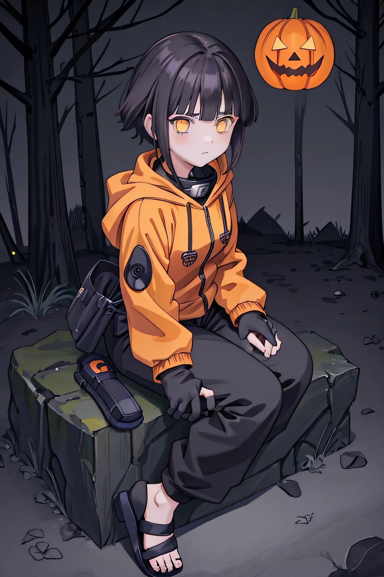 a  girl ,  dark orange short hair ,  bright yellow eyes without pupils , dark gray hooded sweatshirt outfit, hood down, long sleeves,  looking at the spectator,  black pants ,  holster on her left thigh ,  front neck protector with konohagakure symbol, black ninja sandals,  in the middle of a Halloween forest 
