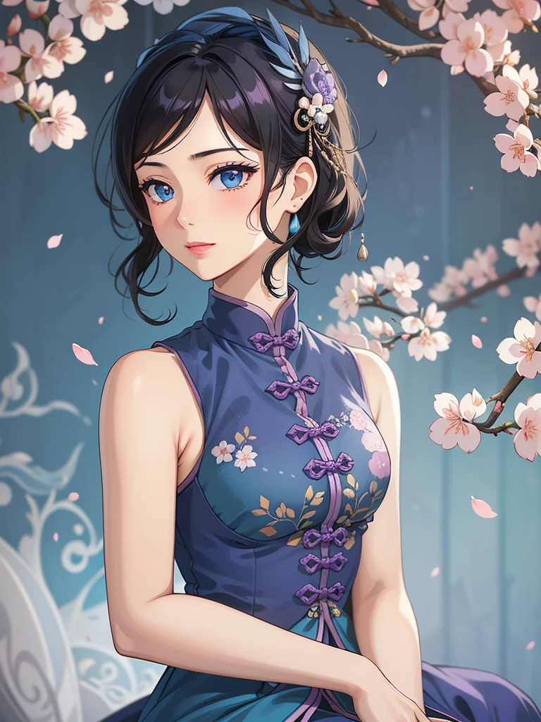 (high-quality, breathtaking),(expressive eyes, perfect face) 1female, girl , solo, teenager, asian woman hairstyle, short hair length, soft wave, black hair color, Heterochromia left eye blue and right eye purple, white and black dress, shawl, blue and purple background, music, gentle smile, swirls in background, music notes background, beautiful background, symmetrical eyes, Qing Dynasty Costumes, hairpin, cherry blossom background
