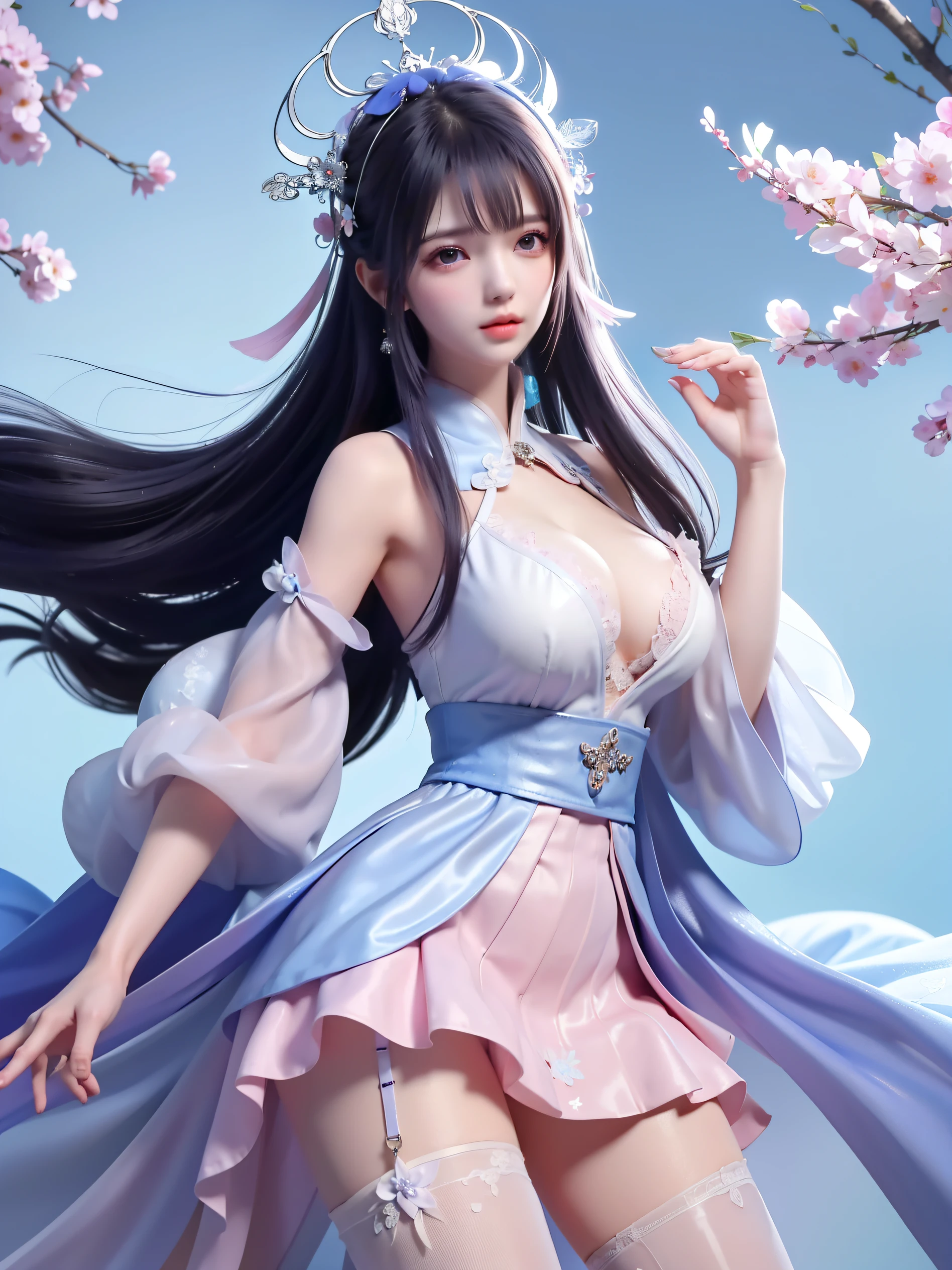(8k, RAW photo:1.2), best quality, ultra high res,dramatic angle,(fluttered detailed color splashs), (illustration),(((1 girl))),(long hair),(rain:0.9), (Headdress:1.4),There is an ancient palace beside the girl,Hanfu,(Key Points),Color ink painting,(Splash of Color),Splash of Color,(((colorful))),(sketch:0.8) , Masterpiece, best quality, beautiful painted, highly detailed,(denoising:0.6),[splash ink],((ink refraction)), (beautiful detailed sky),moon,highly,detaild,(masterpiece, best quality, extremely detailed） CG Unity 8k Wallpaper，masterpiece，best quality，Ultra Detailed），（Lycoris）.shoulder ballet dress open V-chested clothes Thin silk lace dress short skirt , (huge ，cleavage),, white pink, blue ，best qualtiy，tmasterpiece，Ultra-high resolution，（Reality：1.4），RAW photogr，（True skin texture：1.3），（filmgrain：1.3），（Selfie angle），1个Giant Breast Girl，Beautiful eye and face details，tmasterpiece，Best quality at best，，The chest more exposed， detailed hair, bra pink , detail 8k, full body, lace petticoat, lying on bed