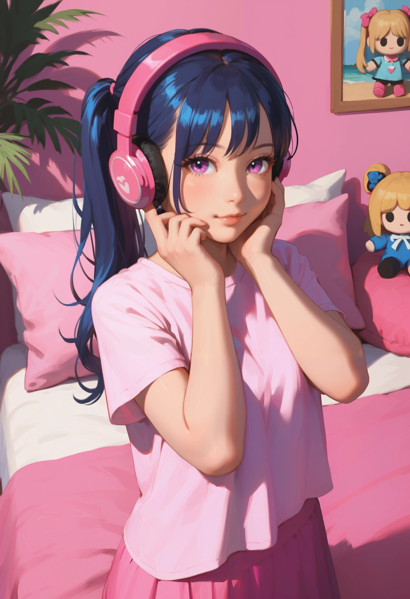 Anime standing drawing style,A young girl,Girl with a double ponytail,Headphones, right elbow,Palm on cheek,Game character illustrations, Rich Details , The background is in the pink bedroom,The bed has pink pillows ,doll