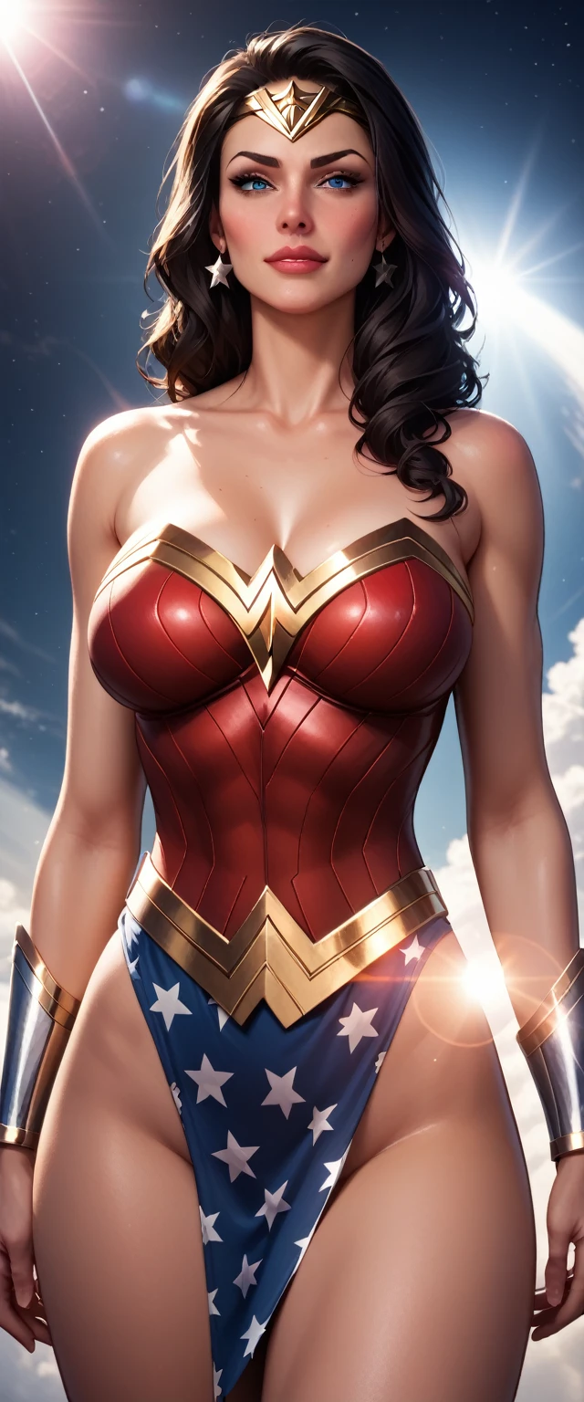 Scene from Movie, Wonder Woman from DC Close-Up, Distorted Space, Distorted Undead in the Background, Lens Flares, Light Shafts, Intricate Details, High Detailed, Volumetric Lighting, 4k Rendering, Stock Photo, Hyper-Realistic, Realistic Textures, Dramatic Lighting, Unreal Engine