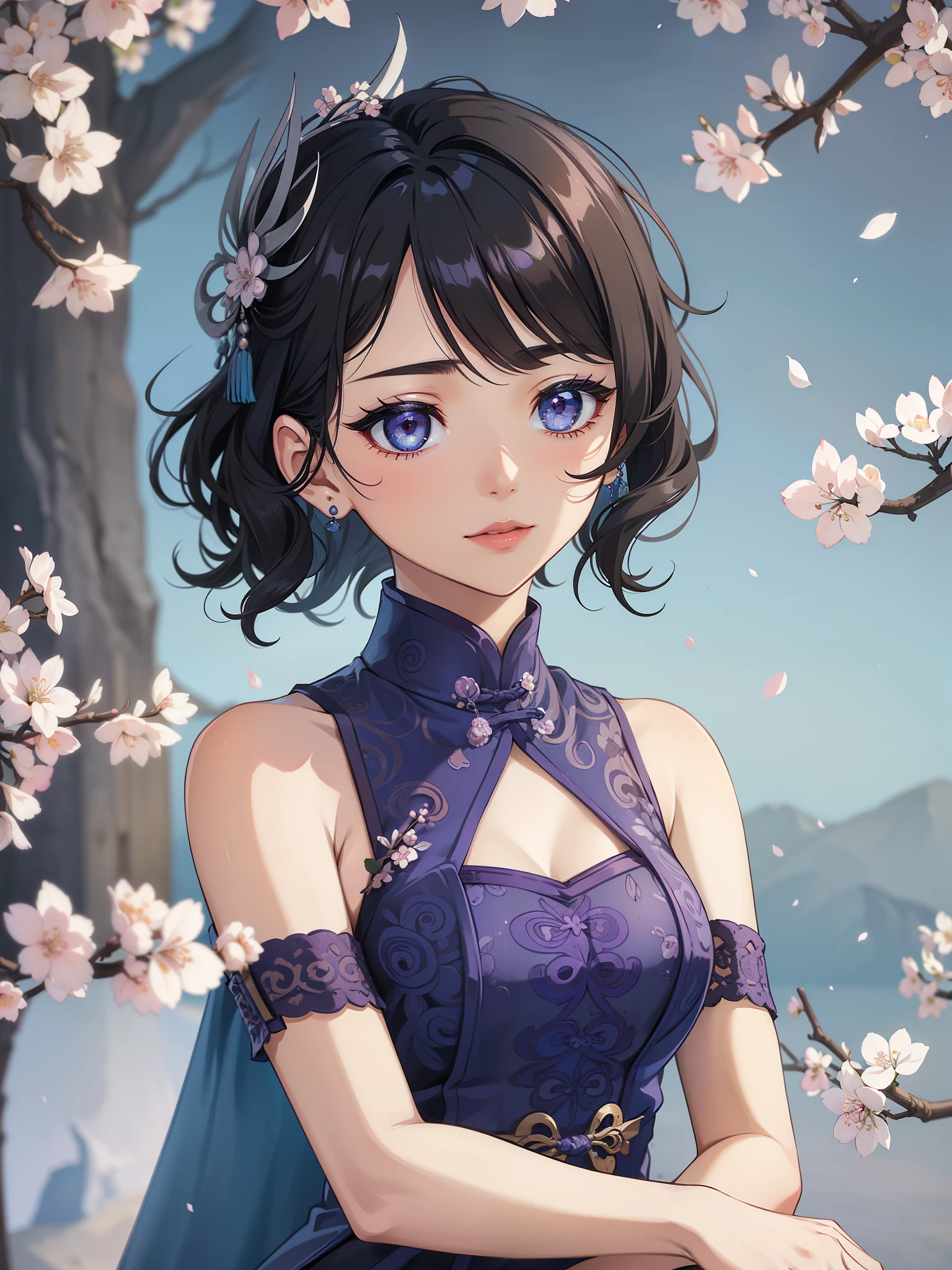 (high-quality, breathtaking),(expressive eyes, perfect face) 1female, girl , solo, teenager, asian woman hairstyle, short hair length, soft wave, black hair color, Heterochromia left eye blue and right eye purple, white and black dress, shawl, blue and purple background, music, gentle smile, swirls in background, music notes background, beautiful background, symmetrical eyes, Qing Dynasty Costumes, hairpin, cherry blossom background
