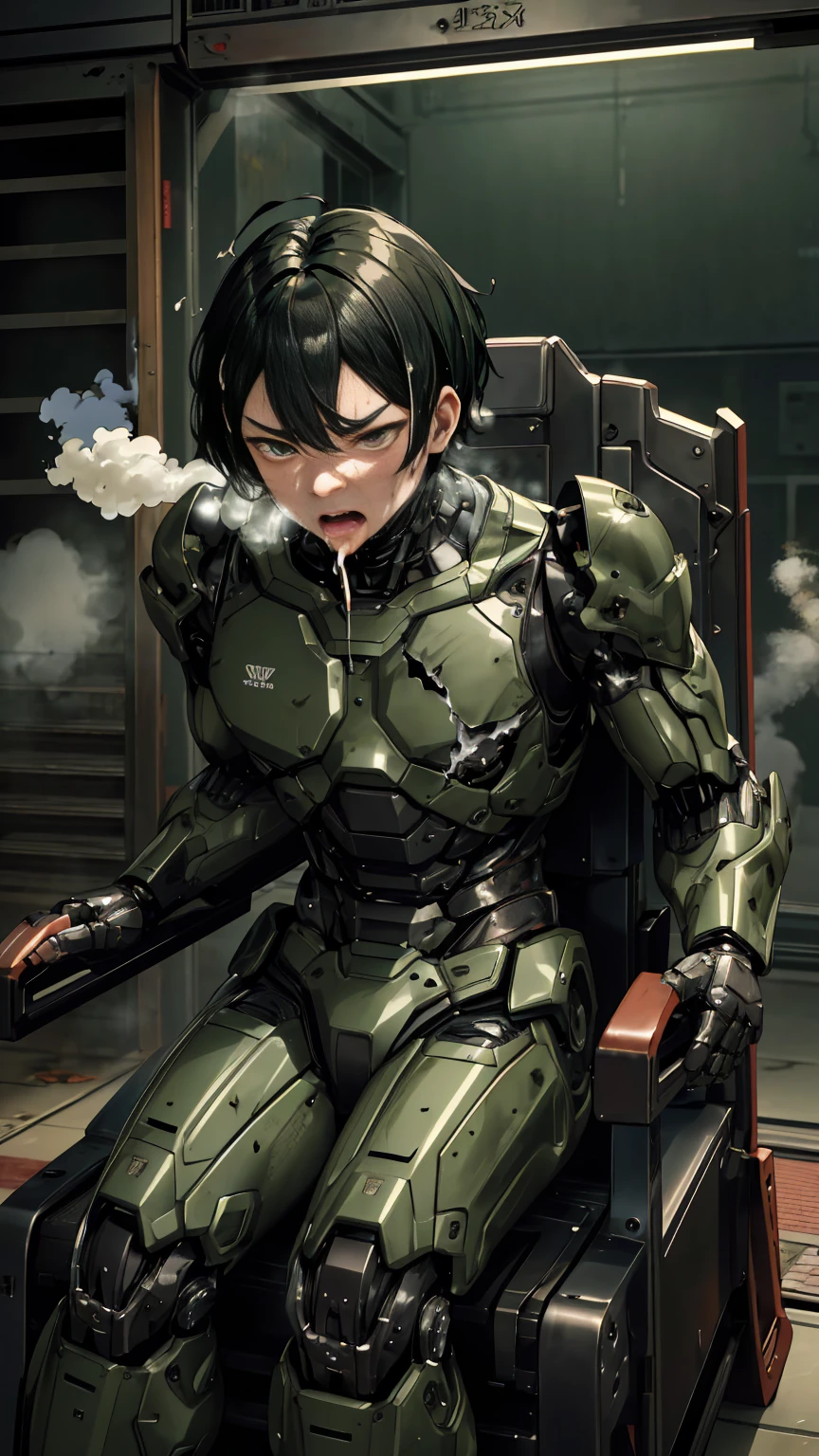 ,  非常に Detailsな ,   Details  ,  High image quality , 最 High image quality ,   kampala, 1080P 、  smoke coming out of the wound   　green armor、Steam comes out of the marks of being shot by a machine gun   、cute((全身のSerious damage))(    An injured woman in a human robot suit is leaning against a machine chair...)()(Broken Armor)((   cracks are spreading   ))(Black   smoke coming out of the wound   )   black haired 、   boyish short hair   、Torn Armor、   wet hair  、 Open Your Mouth 、(  steam from the body  が上がる)Sweaty face、It hurts again、Serious damage、、saliva dripping from the mouth、  Female Adult 　　(  Steam is Coming Out of Your Face  ) ((  steam from the body  ))   seen with the naked eye  　saliva