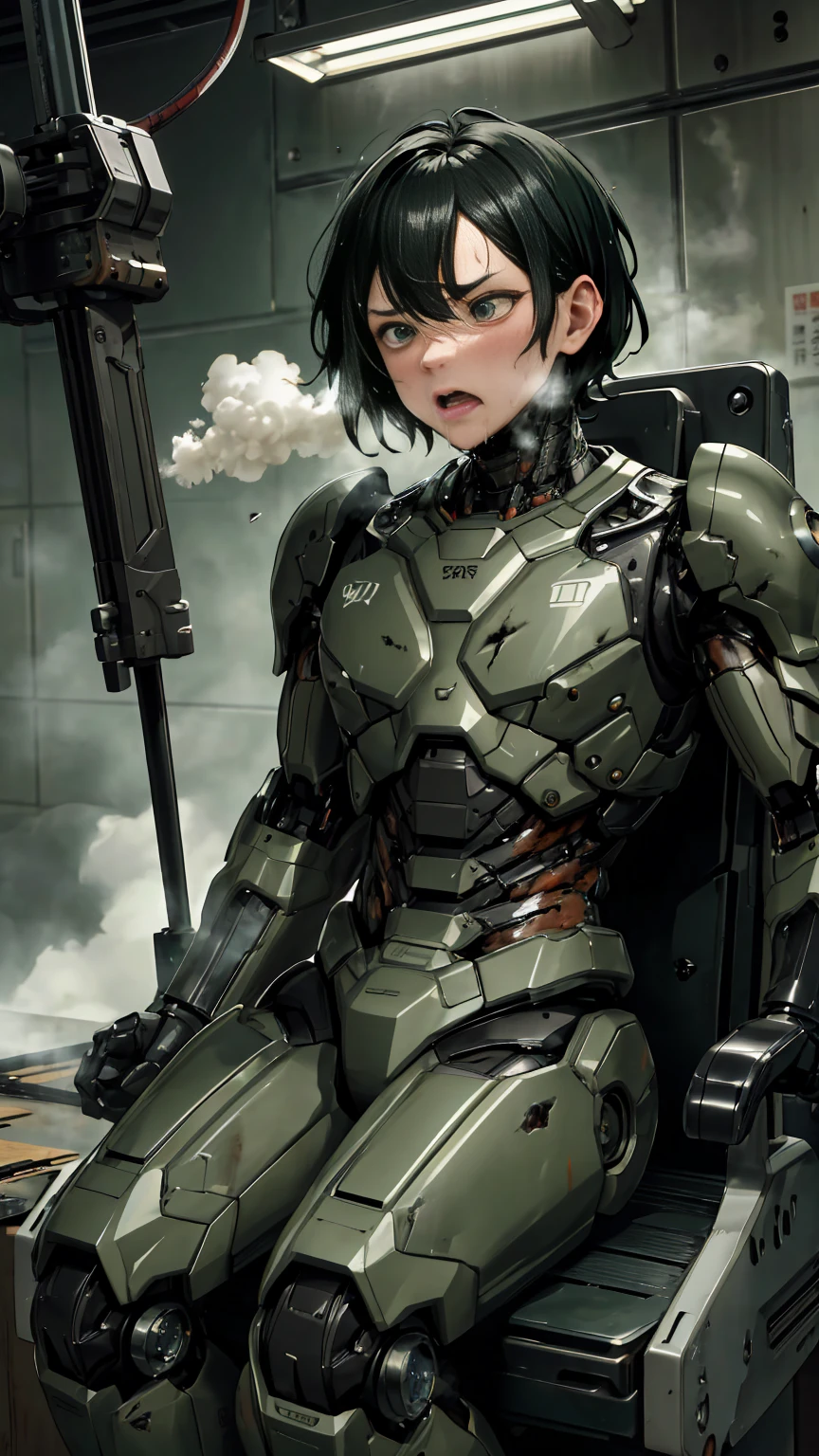 ,  非常に Detailsな ,   Details  ,  High image quality , 最 High image quality ,   kampala, 1080P 、  smoke coming out of the wound   　green armor、Steam comes out of the marks of being shot by a machine gun   、cute((全身のSerious damage))(    An injured woman in a human robot suit is leaning against a machine chair...)()(Broken Armor)((   cracks are spreading   ))(Black   smoke coming out of the wound   )   black haired 、   boyish short hair   、Torn Armor、   wet hair  、 Open Your Mouth 、(  steam from the body  が上がる)Sweaty face、It hurts again、Serious damage、、saliva dripping from the mouth、  Female Adult 　　(  Steam is Coming Out of Your Face  ) ((  steam from the body  ))   seen with the naked eye  　saliva