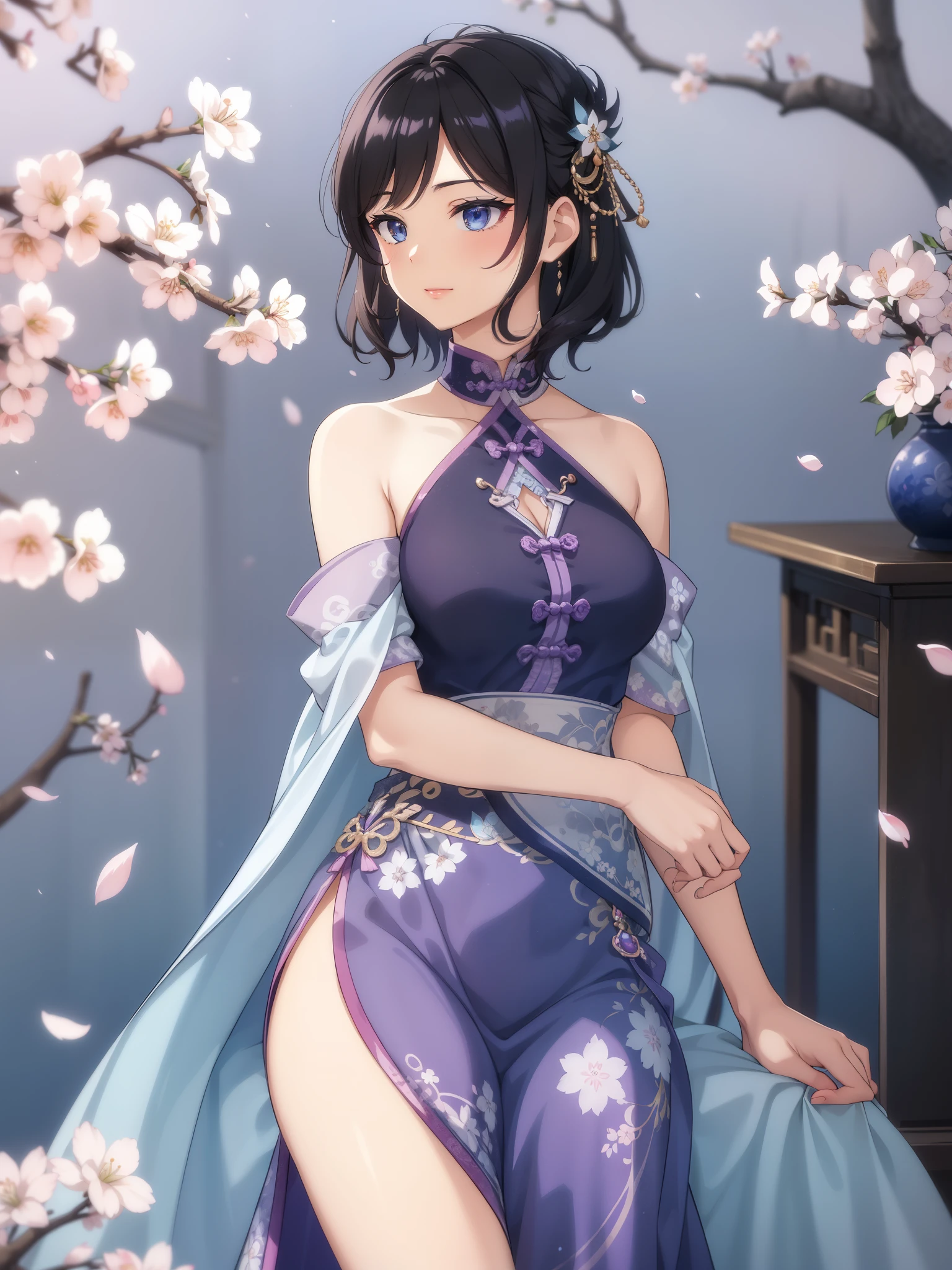 (high-quality, breathtaking),(expressive eyes, perfect face) 1female, girl , solo, teenager, asian woman hairstyle, short hair length, soft wave, black hair color, Heterochromia left eye blue and right eye purple, white and black dress, shawl, blue and purple background, music, gentle smile, swirls in background, music notes background, beautiful background, symmetrical eyes, Qing Dynasty Costumes, hairpin, cherry blossom background
