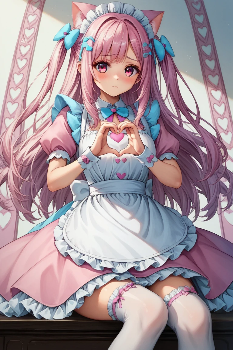 1girl,solo,sakuna,sexy pose,embarrassed,blush,sitting,sitting backwards,heart hands,from below,pink eyes,Beautiful Eyes,pink hair,animal ears,maid headdress,thigh highs,puffy short sleeves,cat like ears,dress,apron,white apron,long hair,two side up,light blue bow,hair ornament,puffy sleeves,short sleeves,pink dress,wrist cuffs,pink bow,sakuna,sakunaXL,maid headdress,puffy short sleeves,dress,white apron,light blue bow,hair ornament,puffy sleeves,short sleeves,pink dress,wrist cuffs,pink bow,hair ornament,Official Costumes,(masterpiece,best quality,very aesthetic,ultra detailed),intricate details,pink heart background