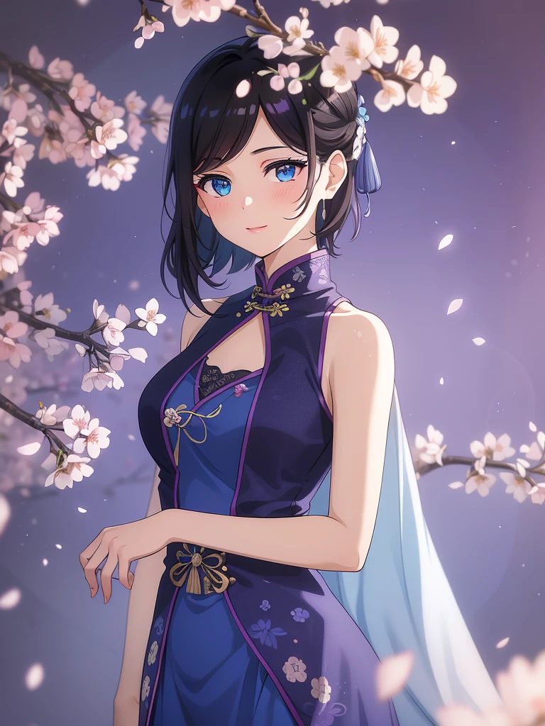 (high-quality, breathtaking),(expressive eyes, perfect face) 1female, girl , solo, teenager, asian woman hairstyle, short hair length, soft wave, black hair color, Heterochromia left eye blue and right eye purple, white and black dress, shawl, blue and purple background, music, gentle smile, swirls in background, music notes background, beautiful background, symmetrical eyes, Qing Dynasty Costumes, hairpin, cherry blossom background
