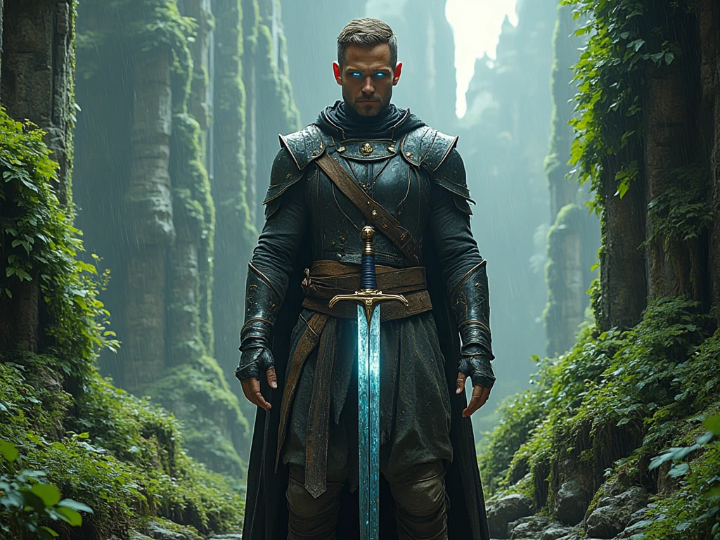 A man standing in front of a big city in a dense, lush rainforest. The city is a blend of futuristic architecture with sleek, glowing structures interwoven with ancient, moss-covered ruins. The jungle surrounds the city, thick with vibrant, oversized foliage and misty rain. The man is facing the camera, with a strong and determined expression. He holds a hybrid weapon—half a traditional, gleaming sword and half a sleek, advanced futuristic gun. He wears a half-leather jacket, weathered and worn, over a rugged, old dirty pair of pants, giving him a blend of fantasy and futuristic warrior vibes. The rain is gently falling, glistening off his jacket and the foliage around him. His stance is strong, ready for whatever lies ahead in this mysterious, high-tech yet ancient world.A man standing in front of a hidden city in a dense, lush rainforest. The city is a blend of futuristic architecture with sleek, glowing structures interwoven with ancient, moss-covered ruins. The jungle surrounds the city, thick with vibrant, oversized foliage and misty rain. The man is facing the camera, with a strong and determined expression. He holds a hybrid weapon—half a traditional, gleaming sword and half a sleek, advanced futuristic gun. He wears a half-leather jacket, weathered and worn, over a rugged, old dirty pair of pants, giving him a blend of fantasy and futuristic warrior vibes. The rain is gently falling, glistening off his jacket and the foliage around him. His stance is strong, ready for whatever lies ahead in this mysterious, high-tech yet ancient world.